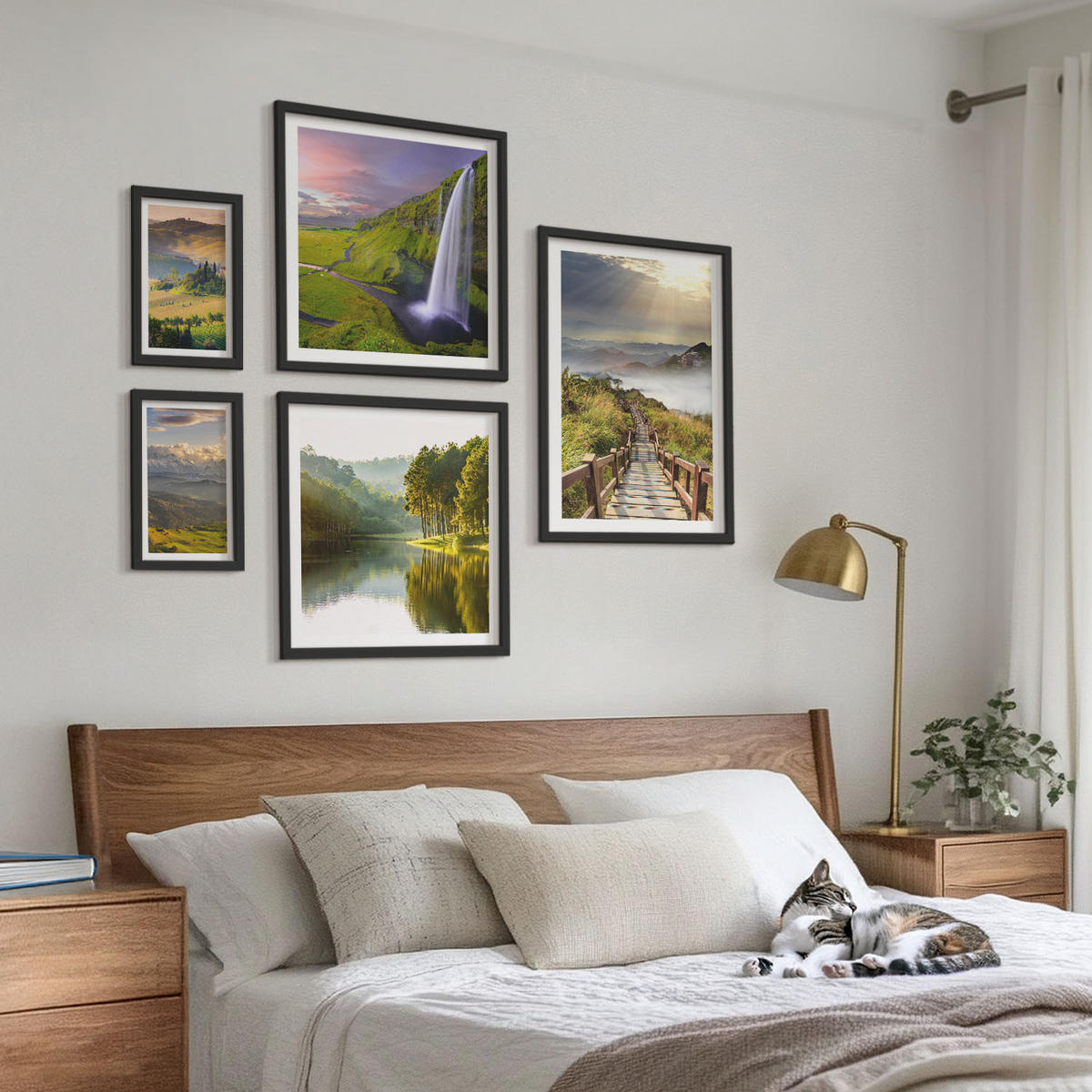 WANDBILDER 5er-Set - 50x50 cm & 20x30 cm & 40x60 cm Schwarzer Rahmen - Aquarell von grünen tropischen Blättern - Schwarz, Kunststoff (40/60cm) - ArtPrintCave