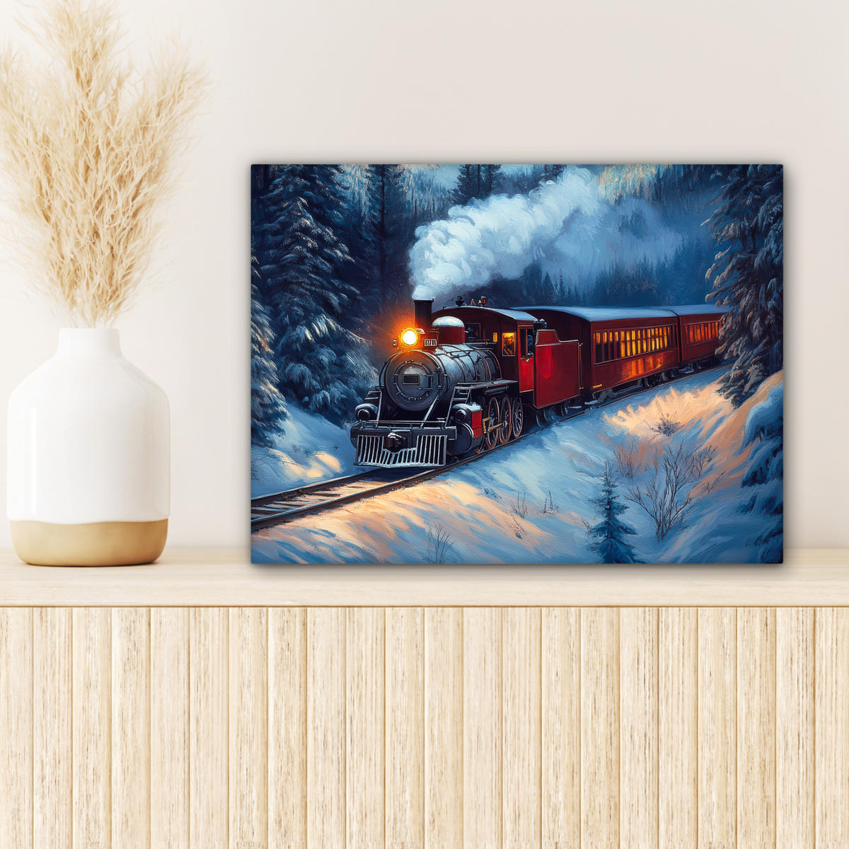 LEINWANDBILD Zug - Weihnachten - Schnee - Weihnachtszug 40x30 cm - Anthrazit, Textil (40/30cm) - MuchoWow