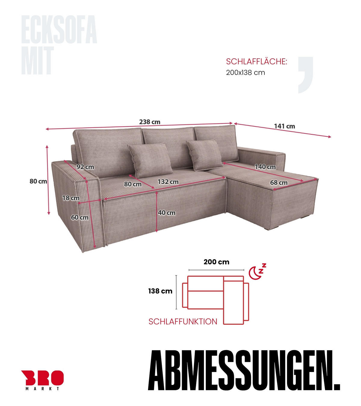 ECKSOFA Dexter mit Schlaffunktion Puderrosa Cord - Rosa, Textil (238/141cm) - Bromarkt