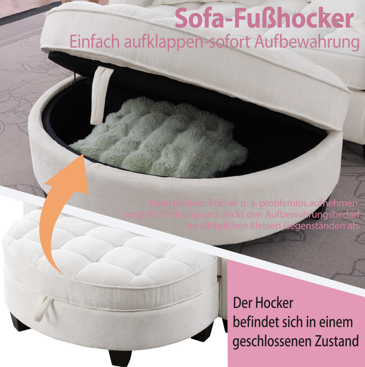 SCHLAFSOFA 132/129/93 cm aus Eukalyptusholz mit Aufbewahrungshocker Beige - Beige, Holz (129/93/132cm) - Modenvie