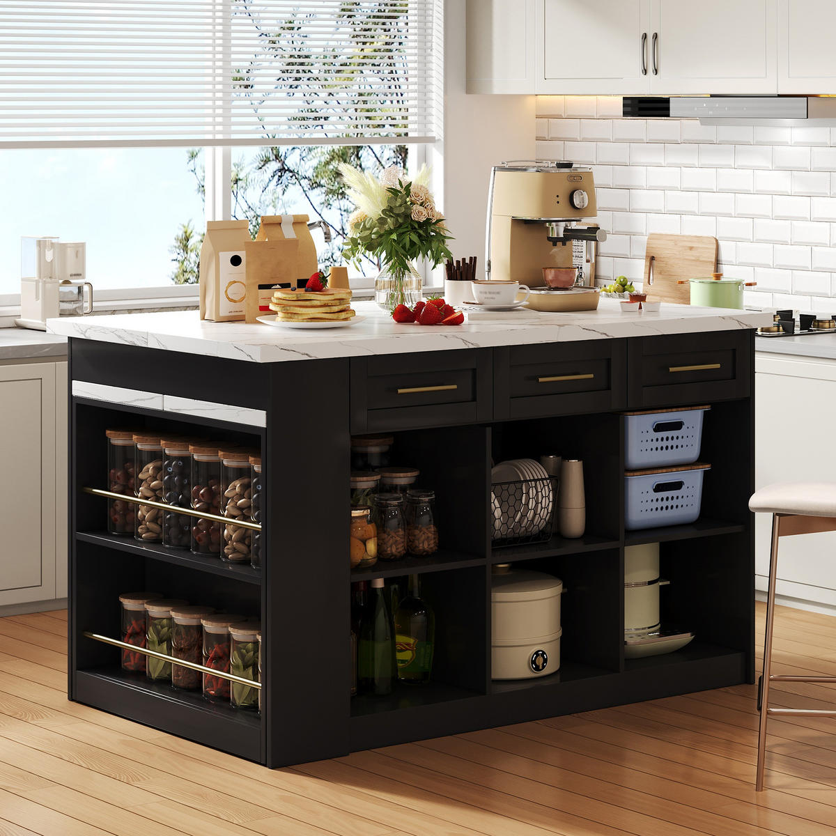 KÜCHENINSEL 150x90x90cm Schwarz mit ausziehbarem Esstisch & Schränken - Schwarz, Holzwerkstoff (150/90/90cm) - Modfu