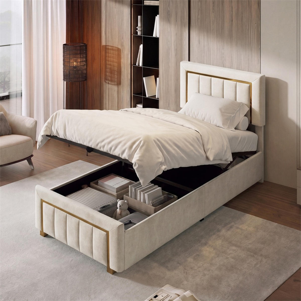 POLSTERBETT 90x200 cm mit hydraulischem Stauraum und Steppmuster im Glamour-Stil - ohne Matratze - Off-White - Creme, Textil (90/200cm) - DELFA