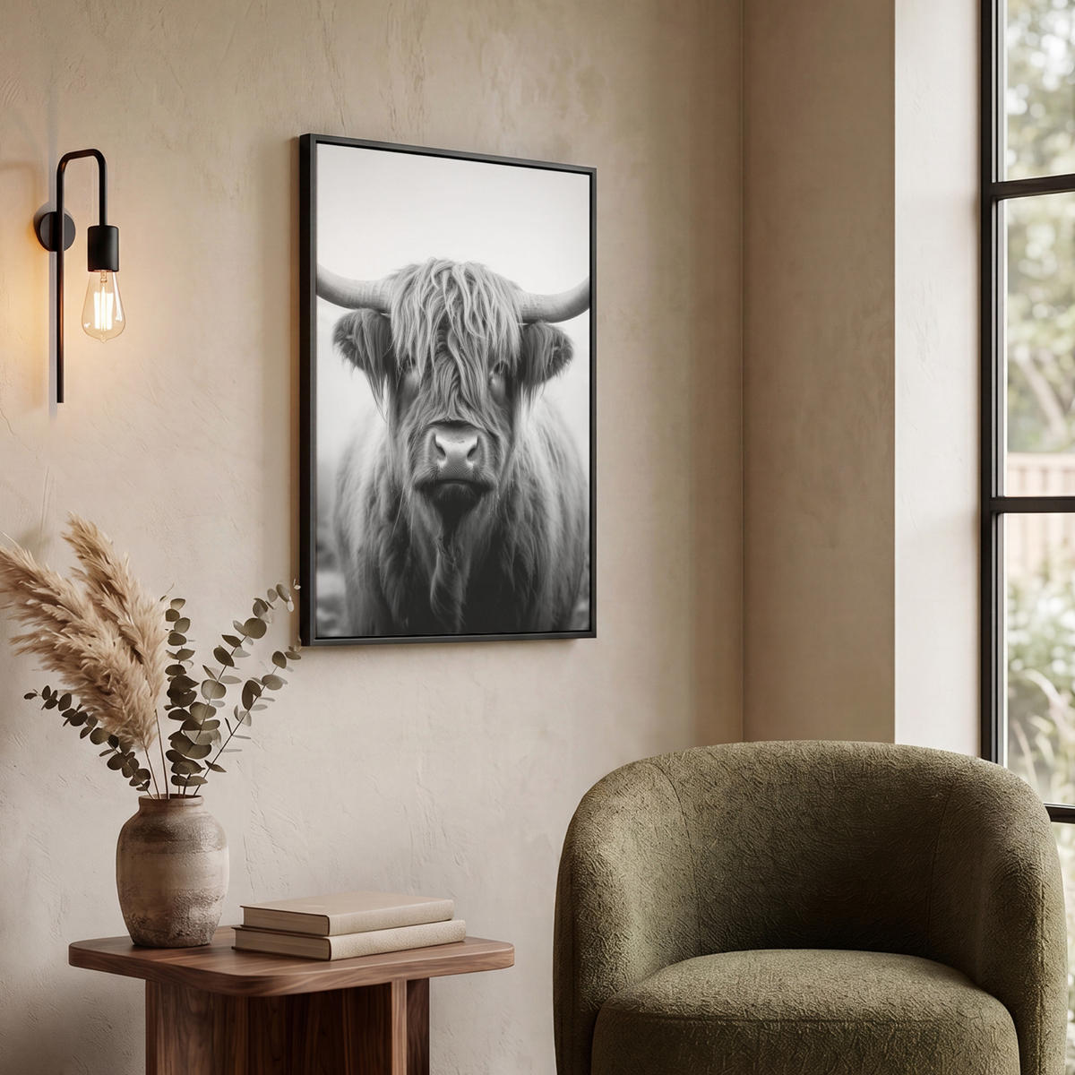 LEINWAND Bilder mit Rahmen - Schottischer Highlander - Nebel - Schwarz - Weiß - 50x70 - Grau, Textil (50/70cm) - MuchoWow