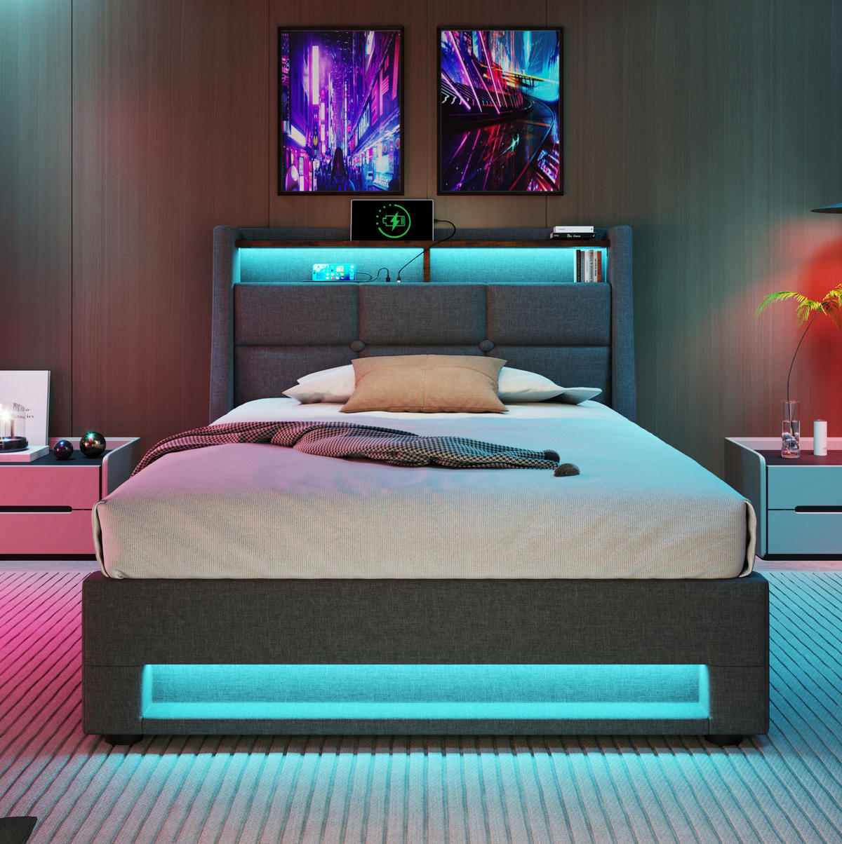 POLSTERBETT mit Stauraum, USB und LED 90x200 cm Leinen Grau - Grau, Metall (90/200cm) - Meubliv