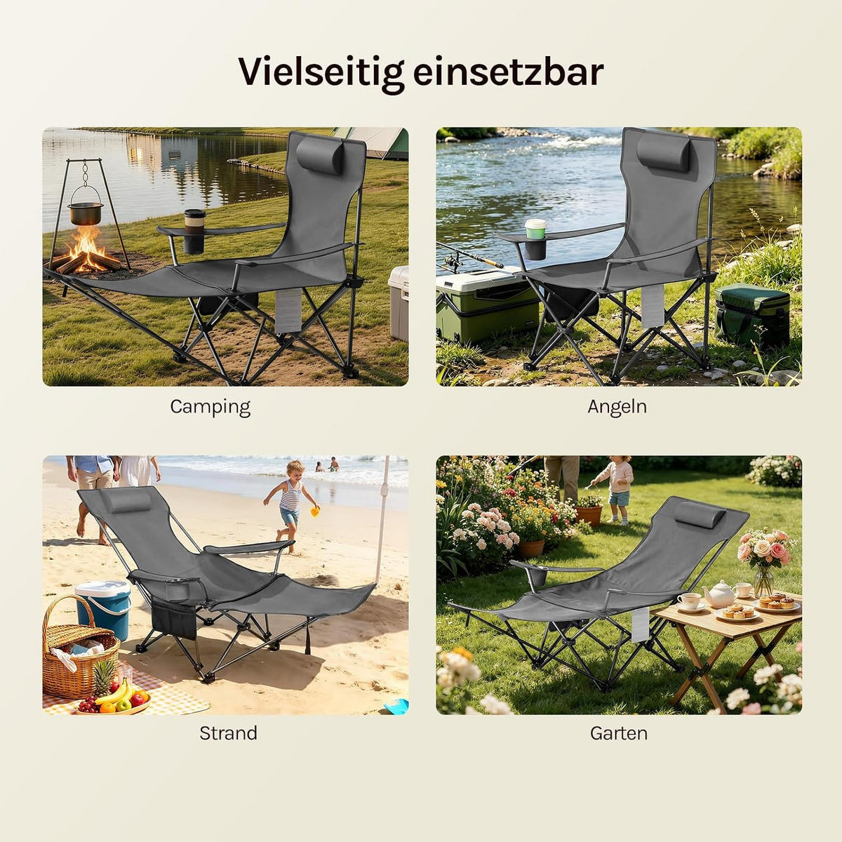 CAMPINGSTUHL Faltbar 2er Set mit Fußablage Grau - Grau, Textil (84/88.5/160cm) - Woltu