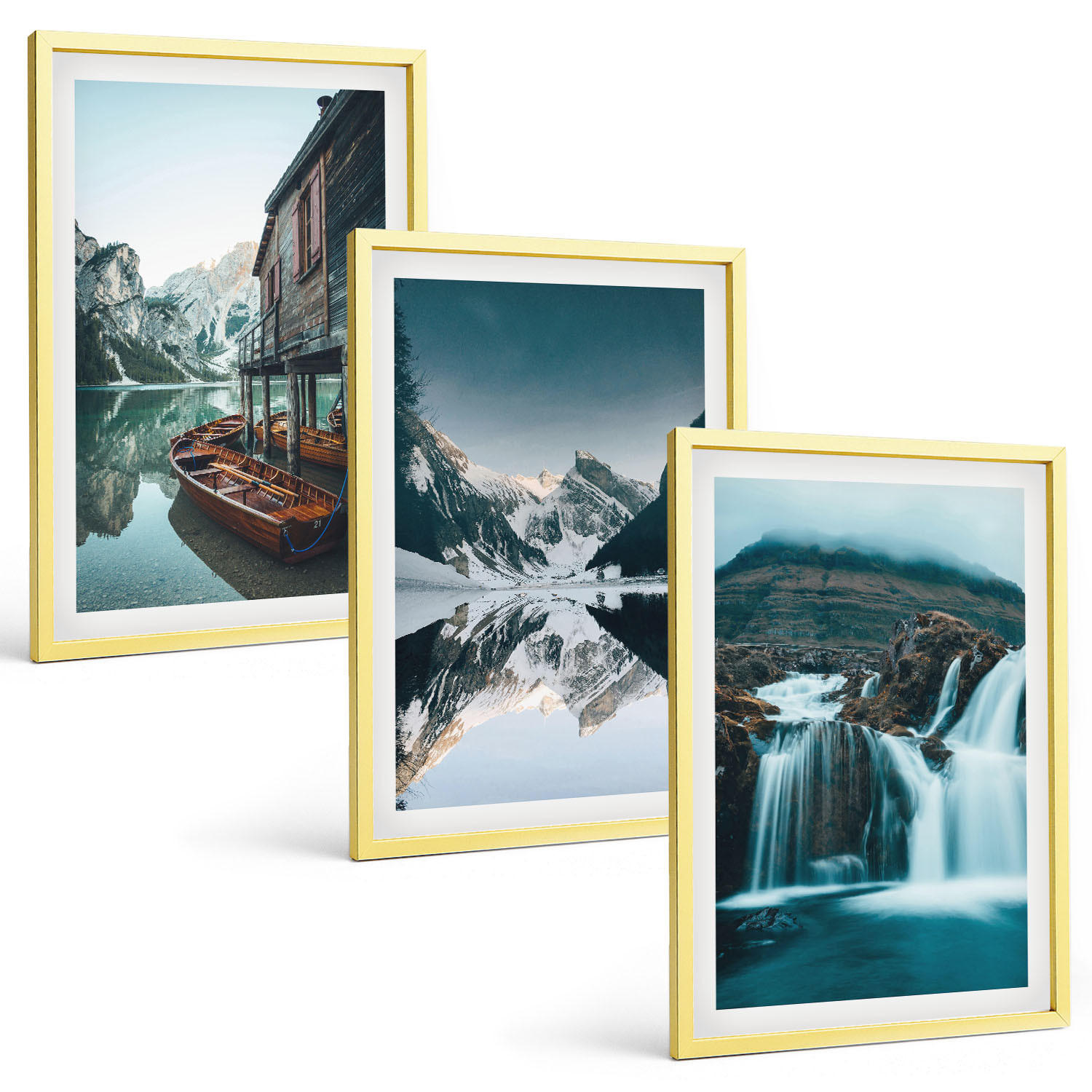 BILDER SET 3er Set - 40x60 cm Goldrahmen - Berglandschaften Wasserfall See - Goldfarben, Kunststoff (40/60cm) - TULUP