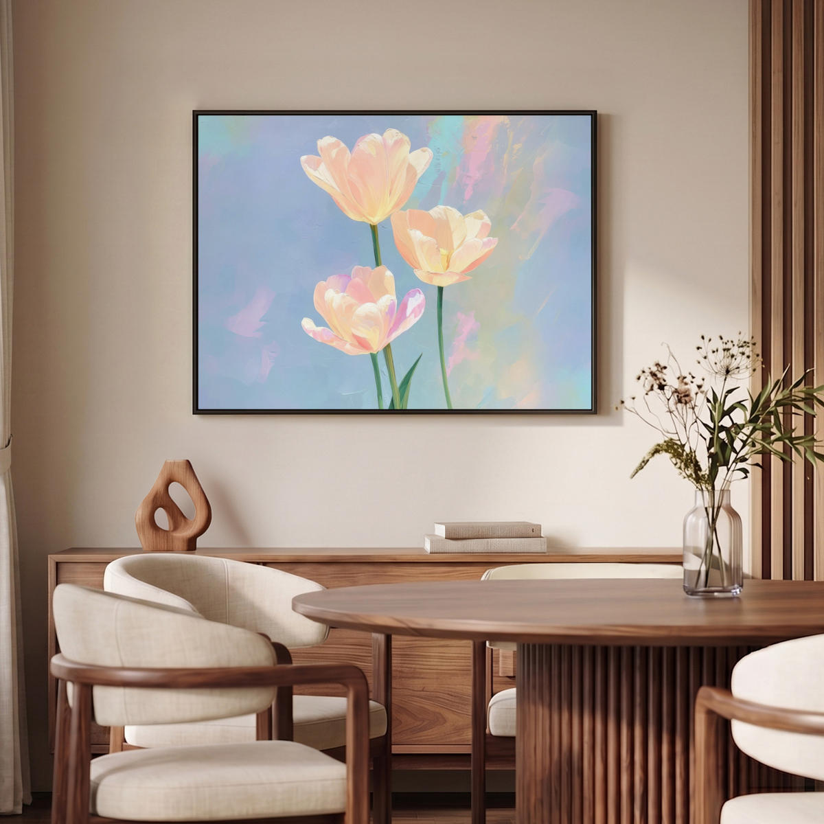 LEINWAND Bilder mit Rahmen - Tulpen - Rosa Akzente - Blau - 100x70 - Pastellblau, Textil (100/70cm) - MuchoWow