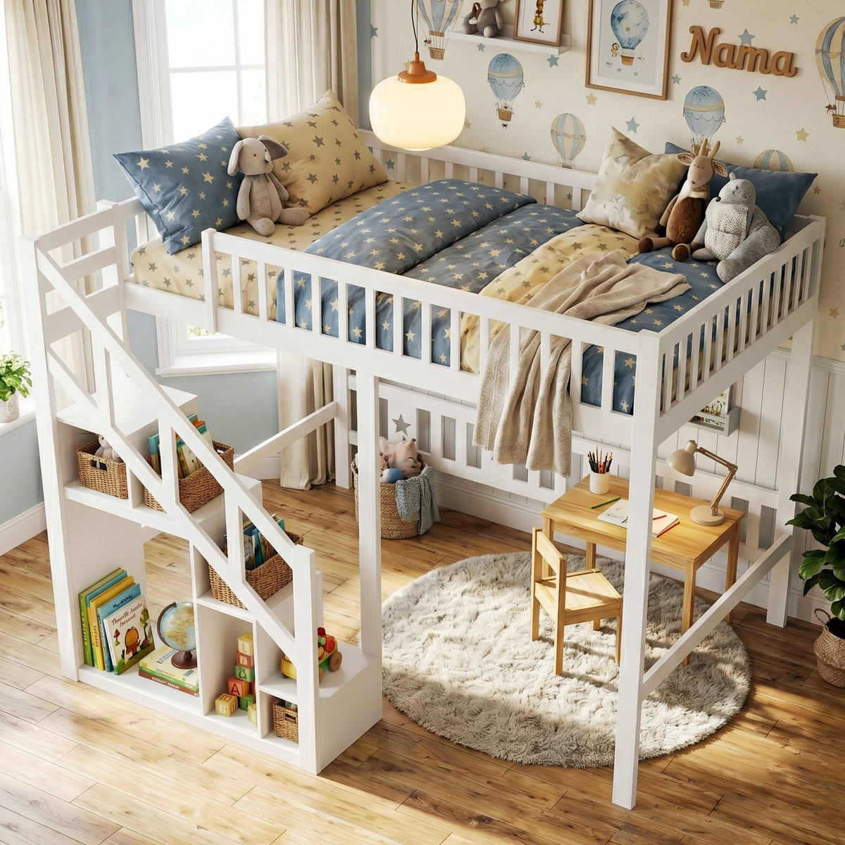 HOCHBETT Klassisch mit Stauraumtreppe & Kleiderstange 90/200 cm Kiefer-Massivholz Weiß - Weiß, Holz (90/200cm) - Creahappy