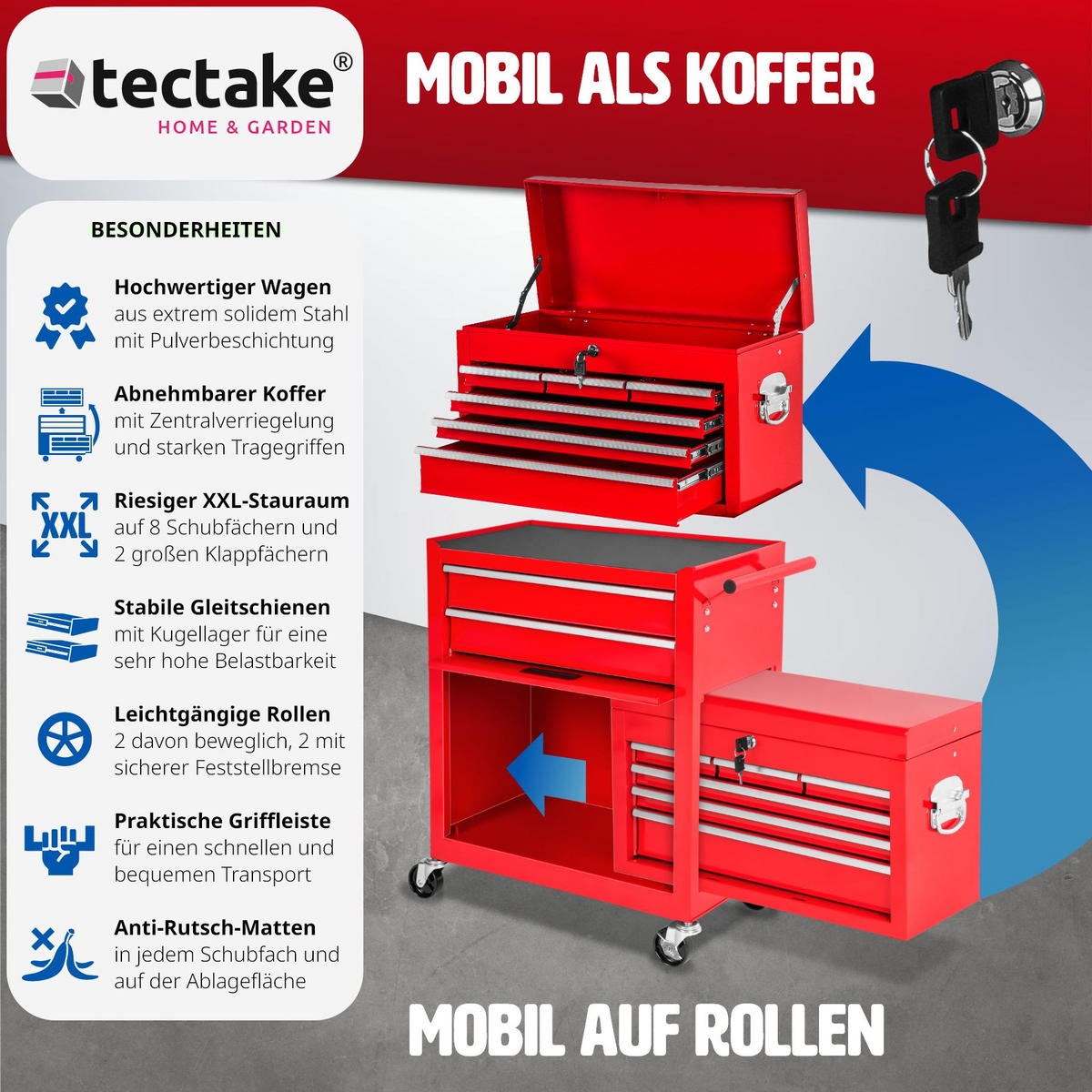 WERKZEUGWAGEN ,Rollen Ø 100 mm,rot - Rot, Metall (33/110/69cm) - tectake