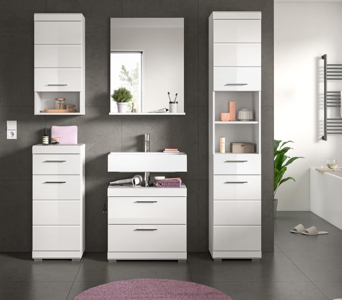BADMÖBEL-SET weiß Hochglanz 5-teilig 164 cm, Komplettset mit viel Stauraum - Weiß Hochglanz, Glas/Holzwerkstoff (164/191/37cm) - Inn.Furn
