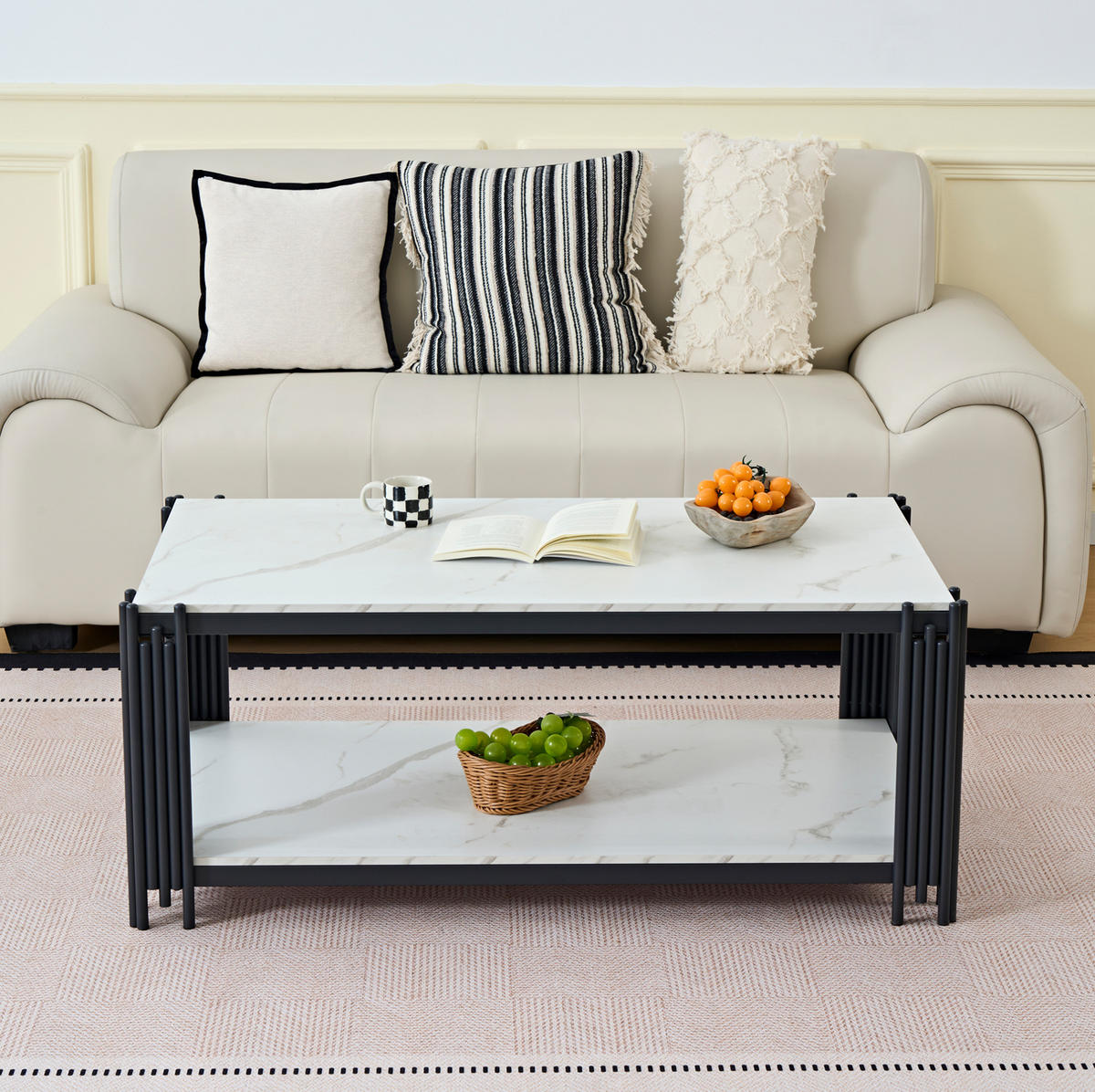 COUCHTISCH 114/64/46 cm in Weiß-Schwarz mit 2 Ablagen und Marmoroptik - Schwarz, Holzwerkstoff (114/64/46cm) - Flora Grace