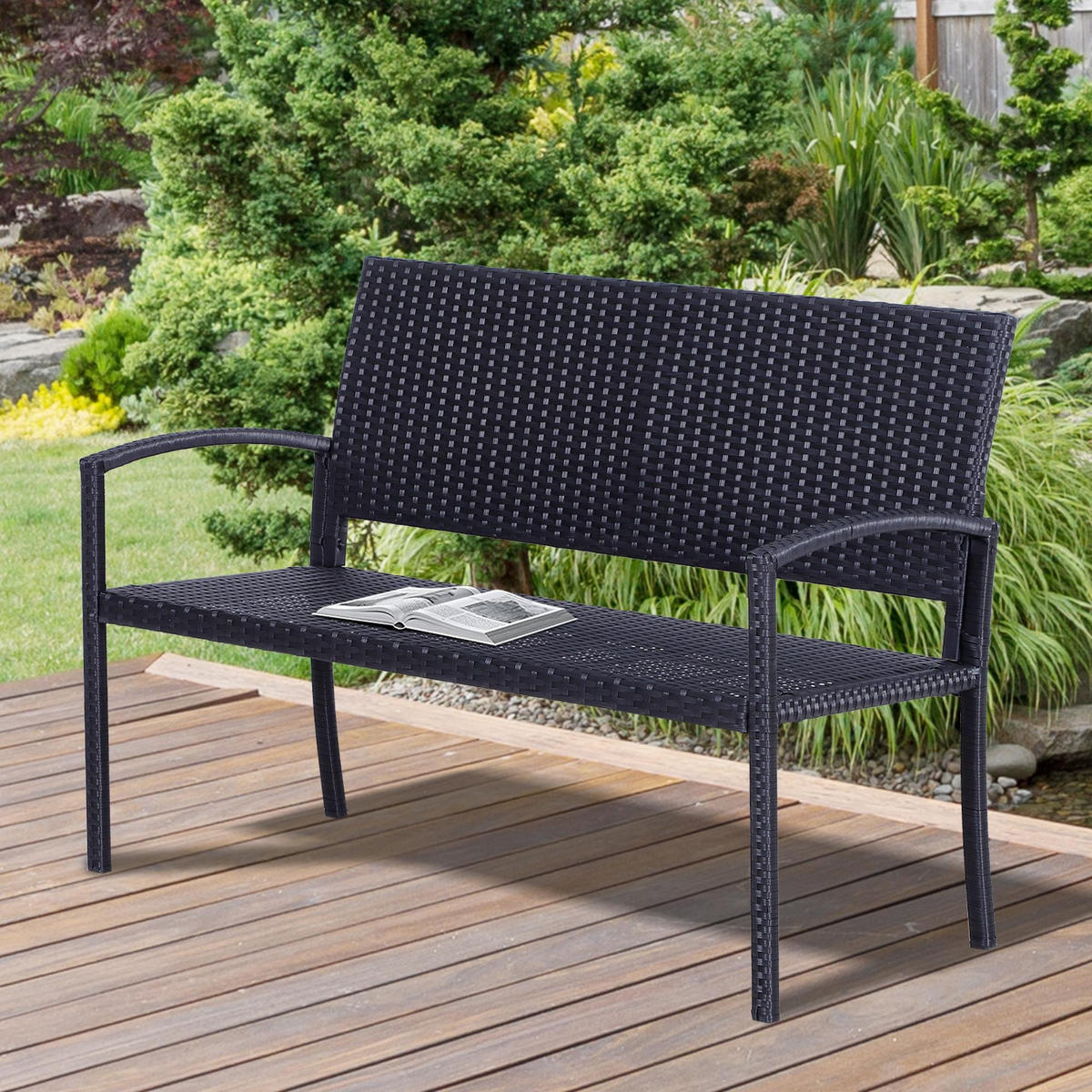 ZAHRADNÍ LAVIČKA pro 2 osoby, nosnost až 240 kg, černá, 122 x 60 x 85 cm - černá, plast (60/85/122cm) - Outsunny