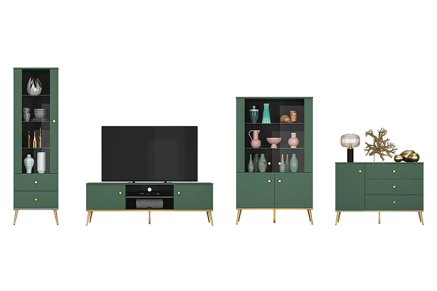 WOHNZIMMER-SET Forest 4-teilig dunkelgrün / gold - Dunkelgrün/Grün, Holz/Holzwerkstoff (427/190/40cm) - Feldmann-Wohnen