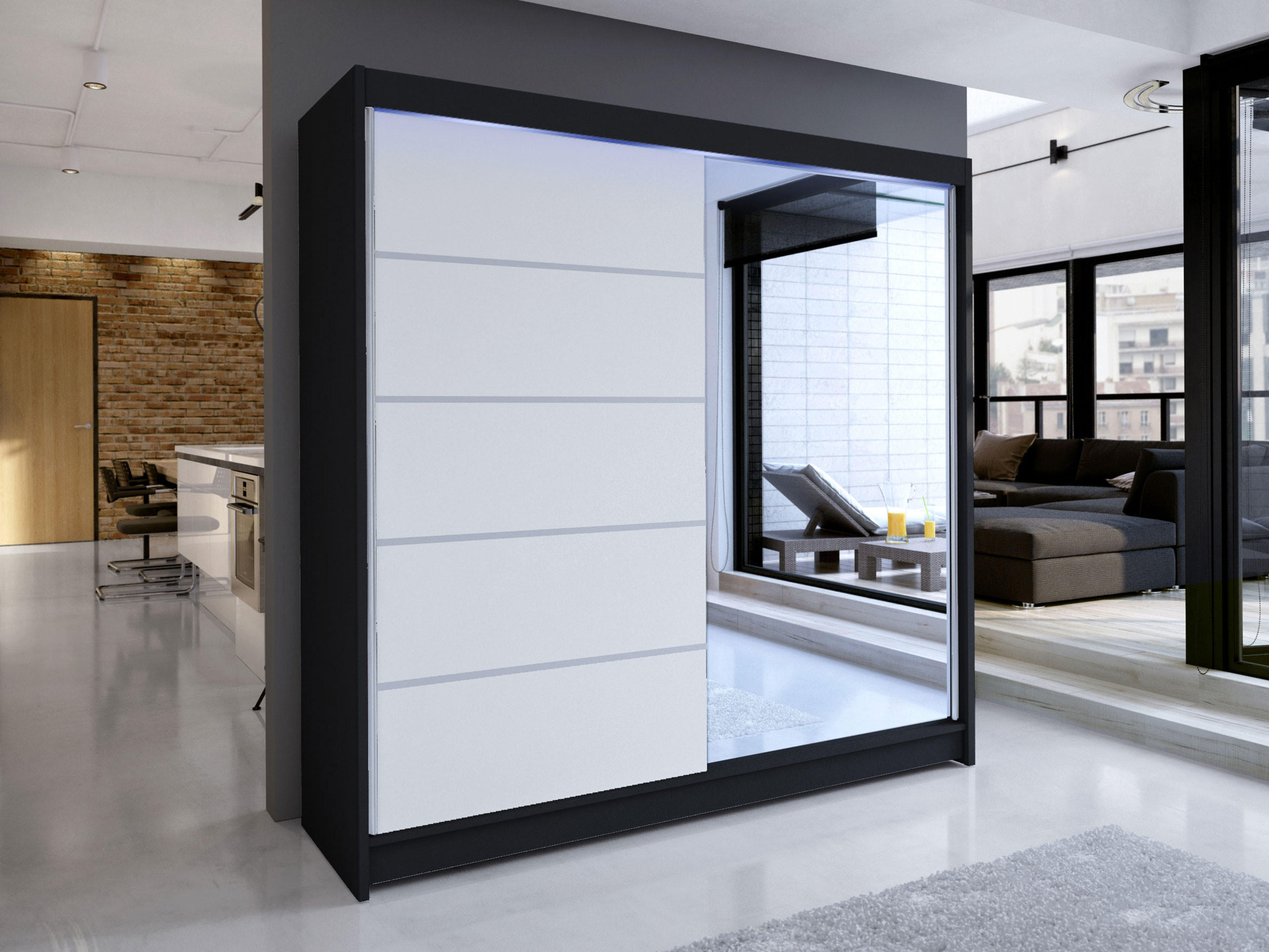 SCHWEBETÜRENSCHRANK Talin III, mit RGB LED Beleuchtung - Klar/Silberfarben, Holzwerkstoff/Metall (180/215/58cm) - MIRJAN24