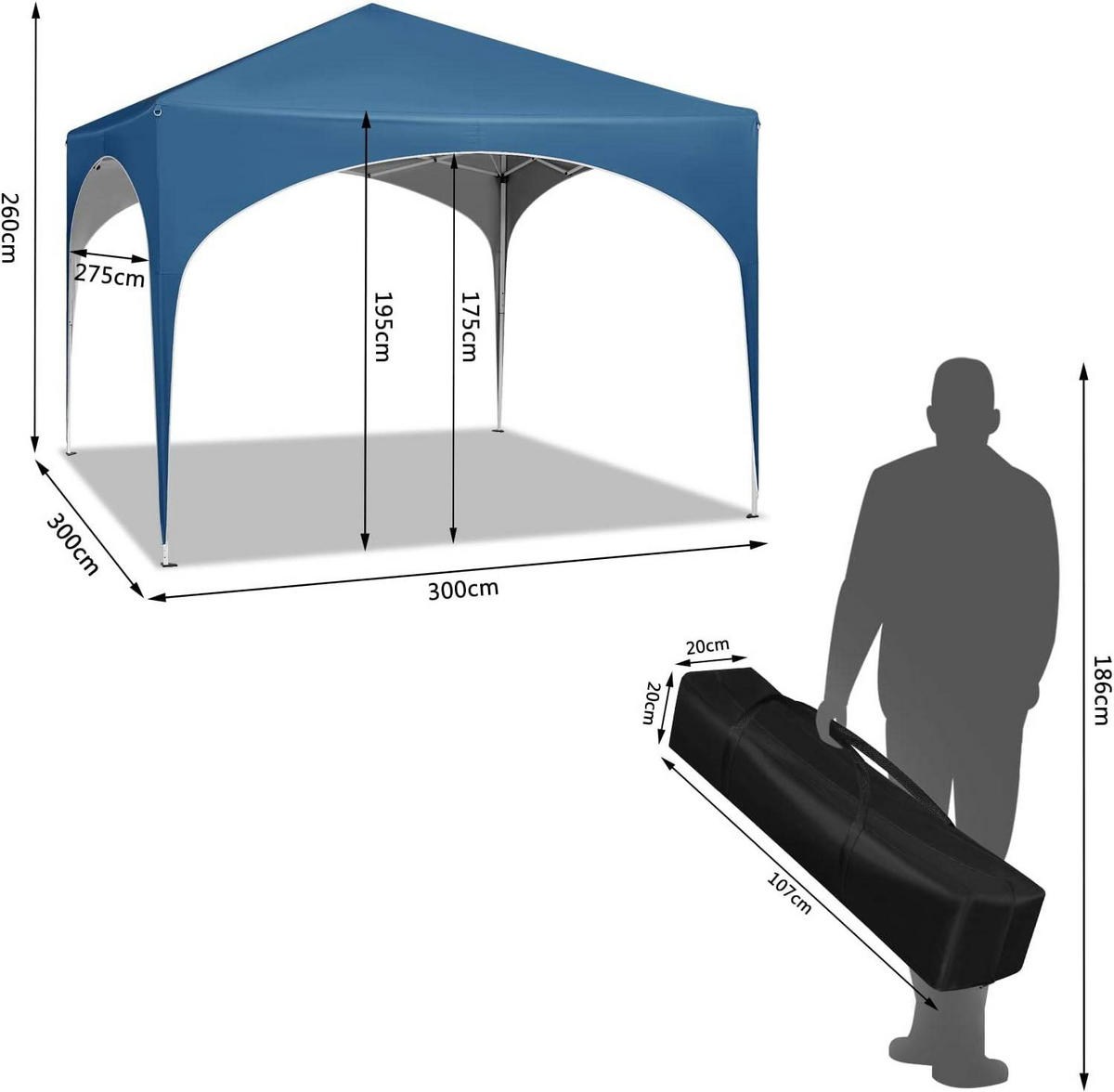 PAVILLON Faltbar wasserdichter Faltpavillon, aus Oxford Metallrahmen 3x3m - Blau, Metall (300/260/300cm) - Woltu