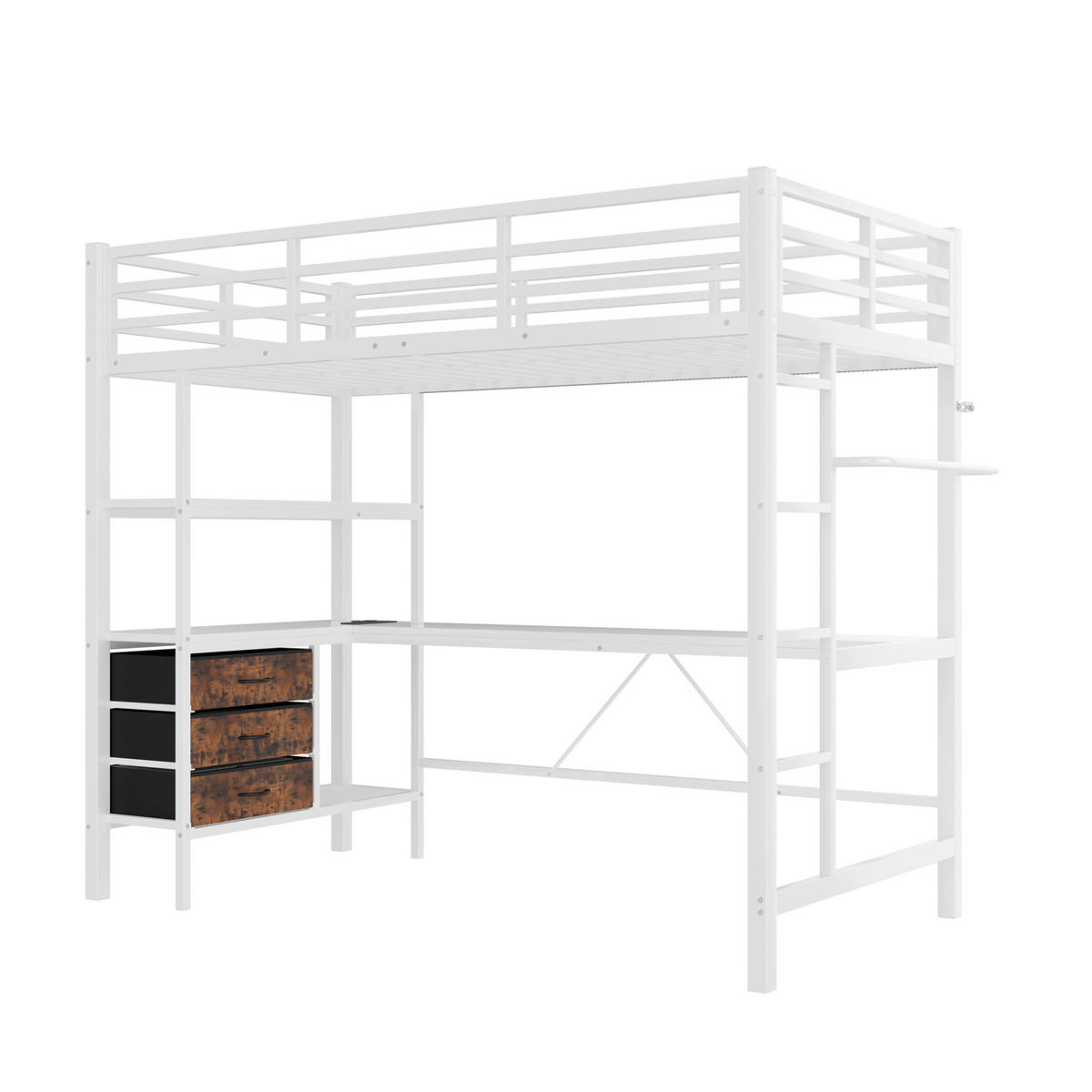 HOCHBETT aus Metall und MDF 90x200 cm Weiß mit LED-Beleuchtung, Schreibtisch, USB-Anschluss und 3 Schubladen - Weiß, Metall (140/200cm) - Modfu