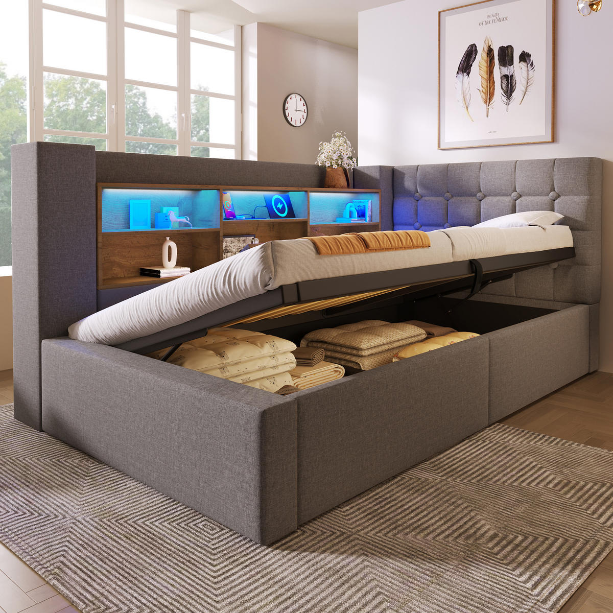 POLSTERBETT 90/190 mit Bettkasten, LED und USB-C in Grau - Grau, Holzwerkstoff/Textil (90/190cm) - EVRYAE