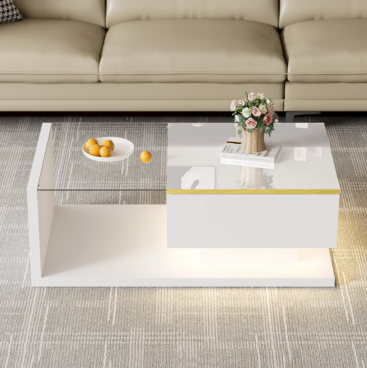 COUCHTISCH 90/50/32,5 cm in Hochglanz-Weiß mit LED-Beleuchtung und Glasplatte - Weiß, Holzwerkstoff (90/50/32.5cm) - Flora Grace