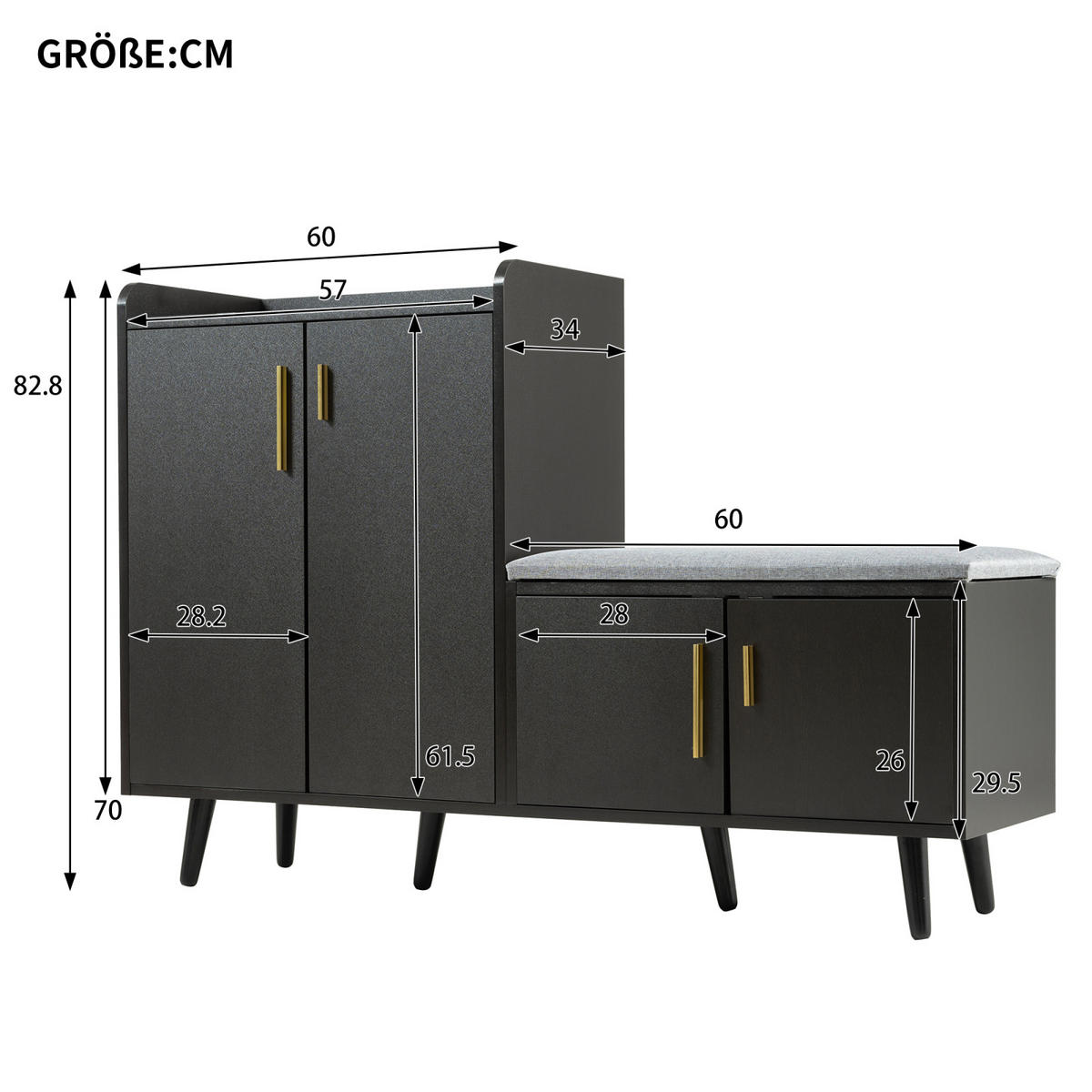 SCHUHSCHRANK Schwarz 120x34x82 cm mit Sitzkissen, Stauraum und 4 Türen - Schwarz, Holz (120/82/34cm) - PARAFTA HOME