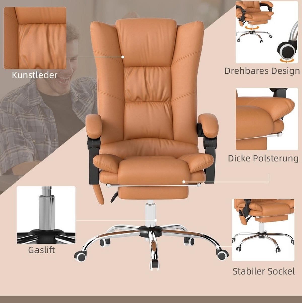 DREHSTUHL 64/70/110-118 cm, Massage & Wärme, Kunstleder, 120 kg Tragkraft, braun - Braun, Kunststoff (70/118/64cm) - Redom