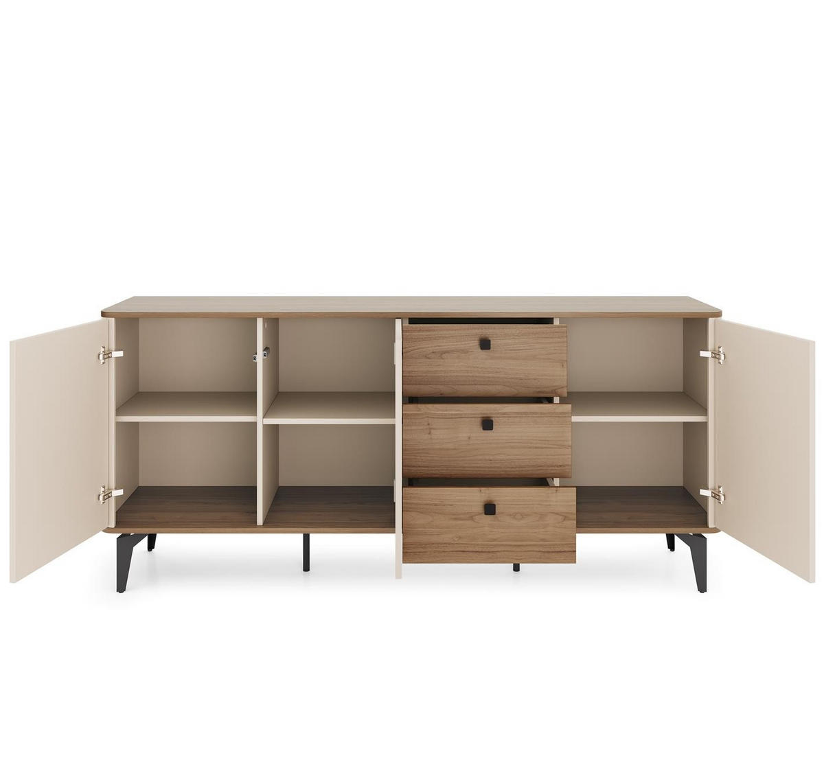 SIDEBOARD Aurena Kaschmir und Walnuss, Kommode mit 3 Schubladen und 3 Türen - Beige/Schwarz, Holzwerkstoff/Metall (180/81/40cm) - Bettso