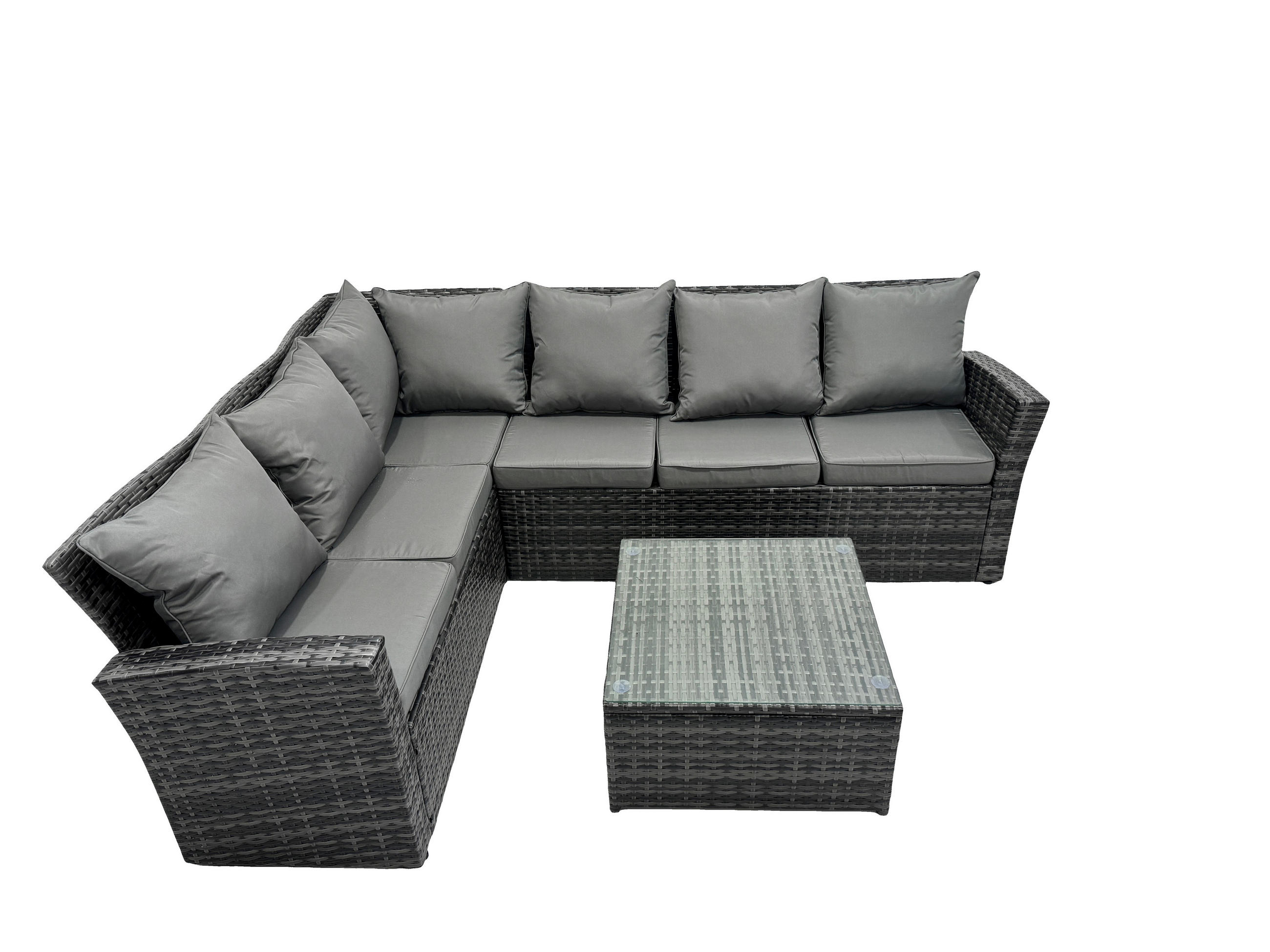 GARTENLOUNGE mit Ecksofa Polyrattan Dunkelgrau 6-Sitzer - Dunkelgrau/Grau, Glas/Kunststoff - Fimous