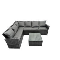 GARTENLOUNGE mit Ecksofa Polyrattan Dunkelgrau 6-Sitzer - Dunkelgrau/Grau, Glas/Kunststoff - Fimous