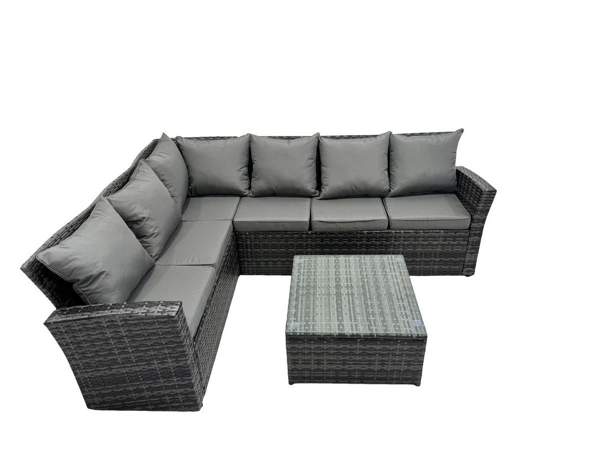 GARTENLOUNGE mit Ecksofa Polyrattan Dunkelgrau 6-Sitzer - Dunkelgrau/Grau, Glas/Kunststoff - Fimous