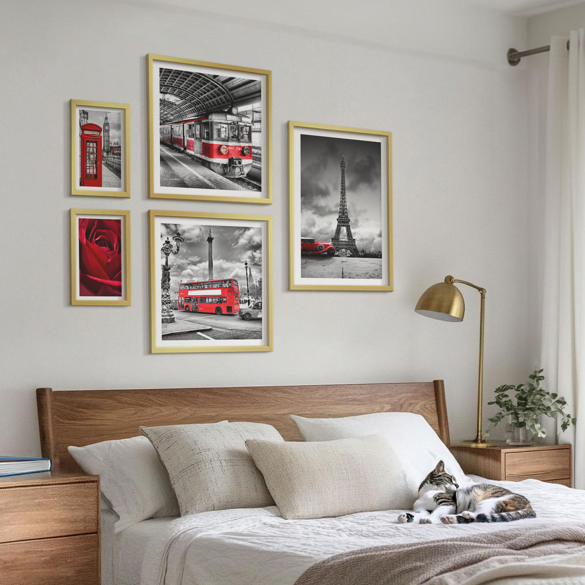 WANDBILDER 5er Set - 50x50 cm & 20x30 cm & 40x60 cm Goldrahmen - Ikonische Städte London Paris Eisenbahn - Goldfarben, Kunststoff (40/60cm) - ArtPrintCave