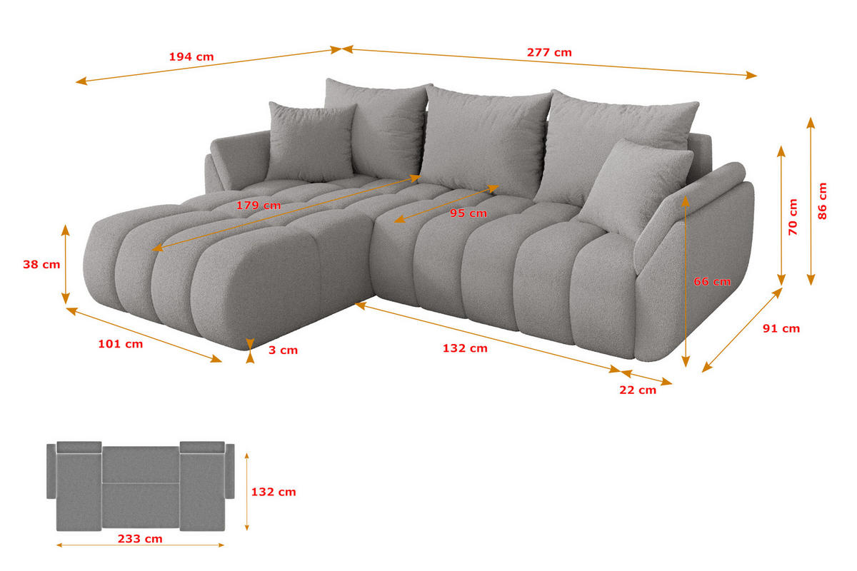ROHOVÁ SEDAČKA s funkcí spaní, otoman vlevo TOKO-L-v1 277x194x86 světle šedá bouclé - černá/stříbrná, kompozitní dřevo/textil (277/194cm) - ALTDECOR
