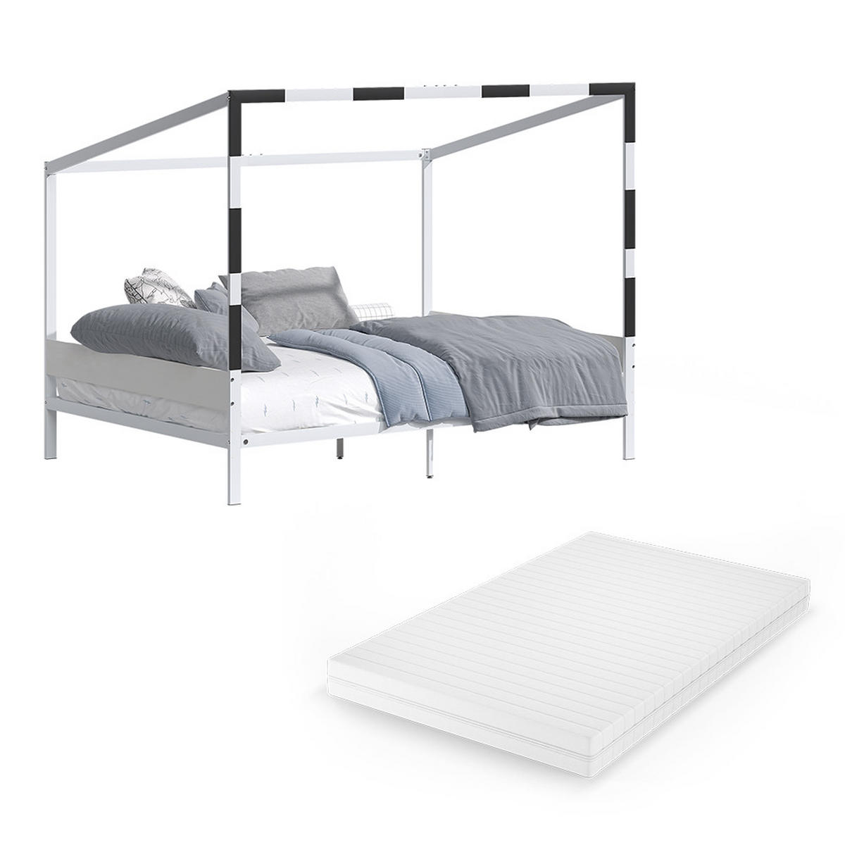 KINDERBETT Goal, Weiß/Schwarz, 140x200 mit Matratze - Schwarz/Weiß, Metall - VitaliSpa
