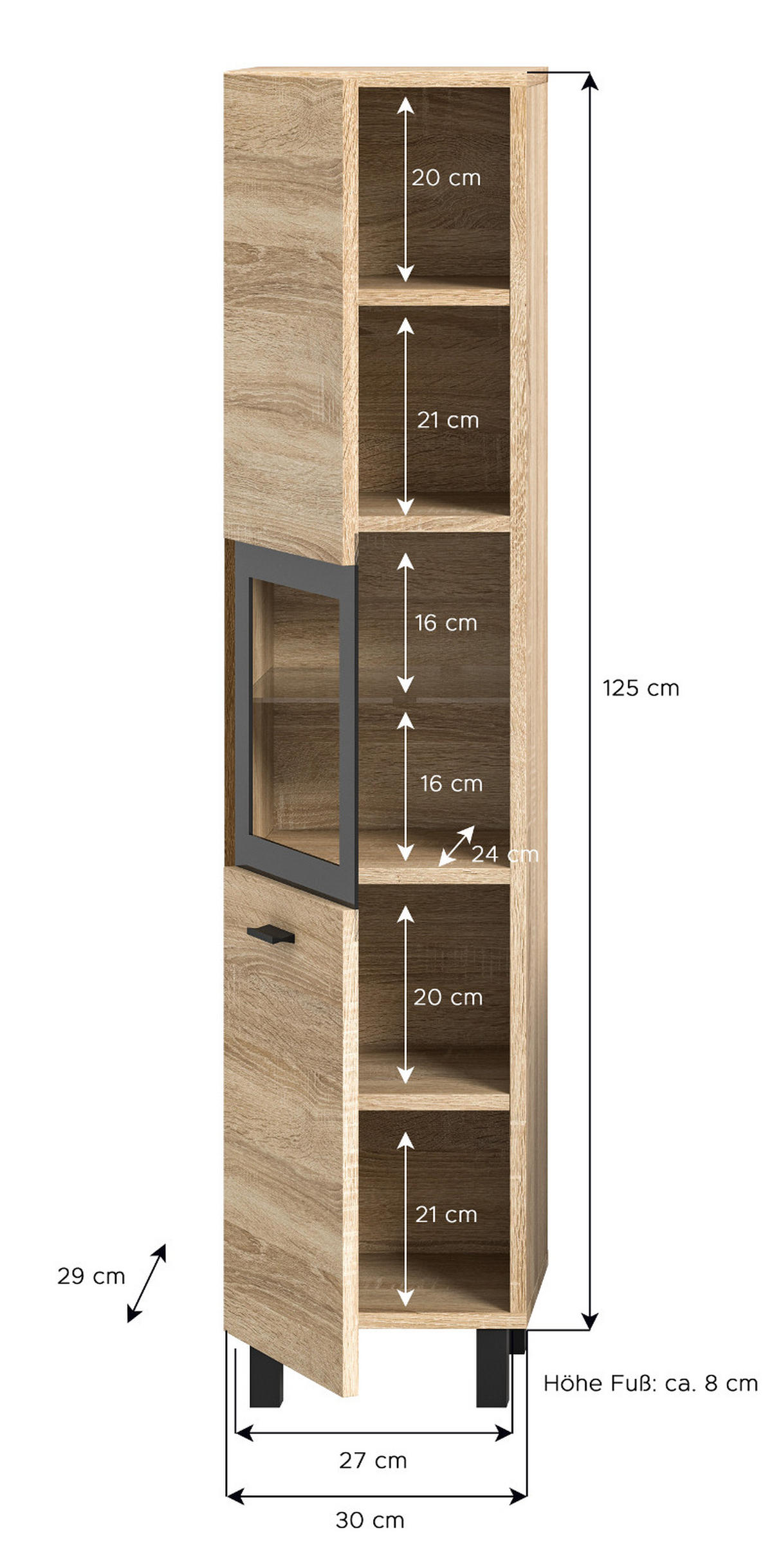 BADSCHRANK Eiche 30 cm, Kommode stehend oder hängend - Eichefarben/Schwarz, Glas/Holzwerkstoff (30/125/29cm) - Inn.Furn