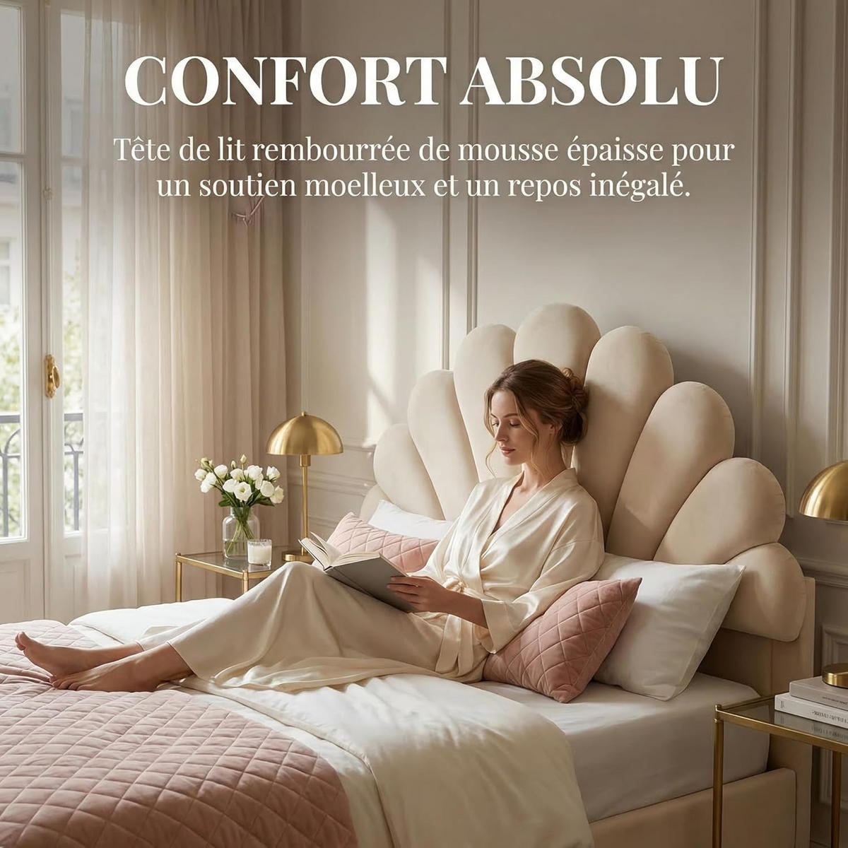 POLSTERBETT 140x200 cm mit Lattenrost floralem Samt-Kopfteil, Beige - Beige, Holz/Metall (140/200cm) - PARAFTA HOME