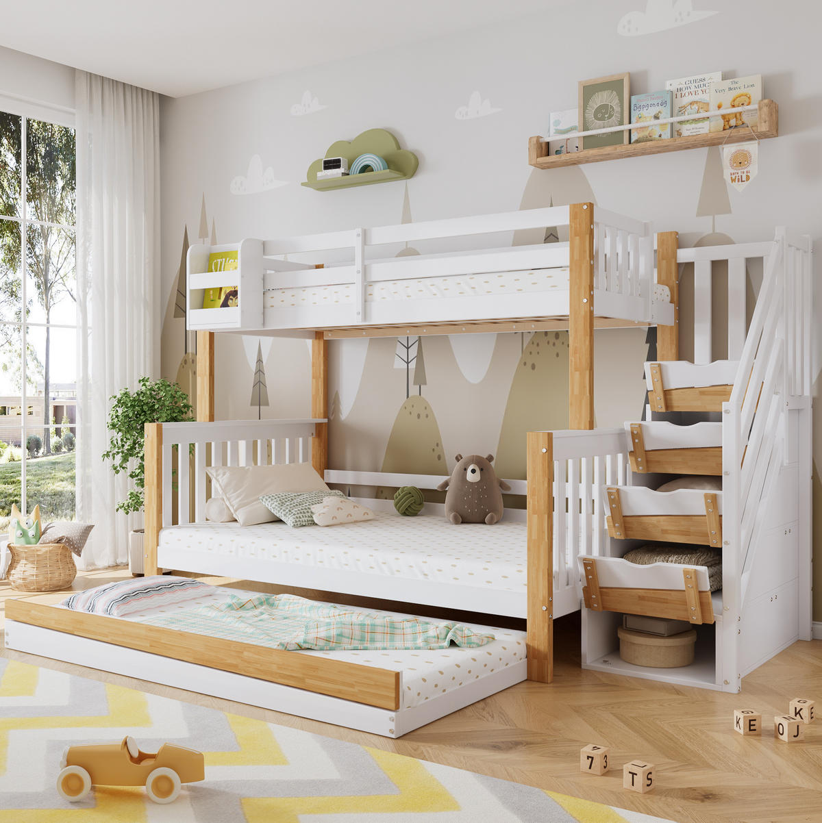 ETAGENBETT 90/200 & 120/200 cm mit Rollbett, Stauraumtreppe und Regal, Kiefer/MDF, Weiß/Natur - Weiß, Holz (90/200cm) - Redom