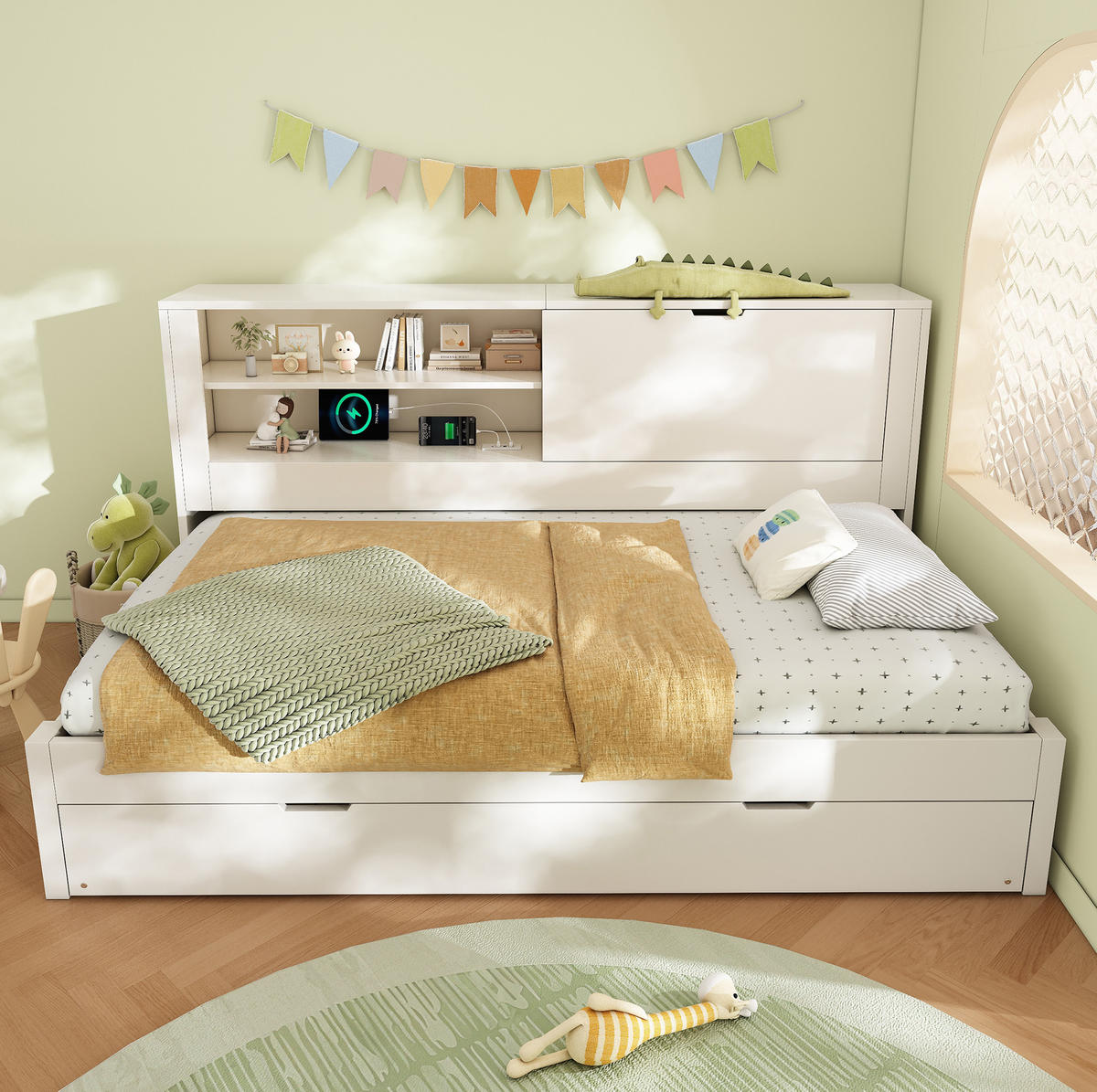 SOFABETT 90/200 cm mit Ausziehbett, Stauraum-Rückwand und USB-Ladestation - Weiß, Textil (90/200cm) - BEAOK