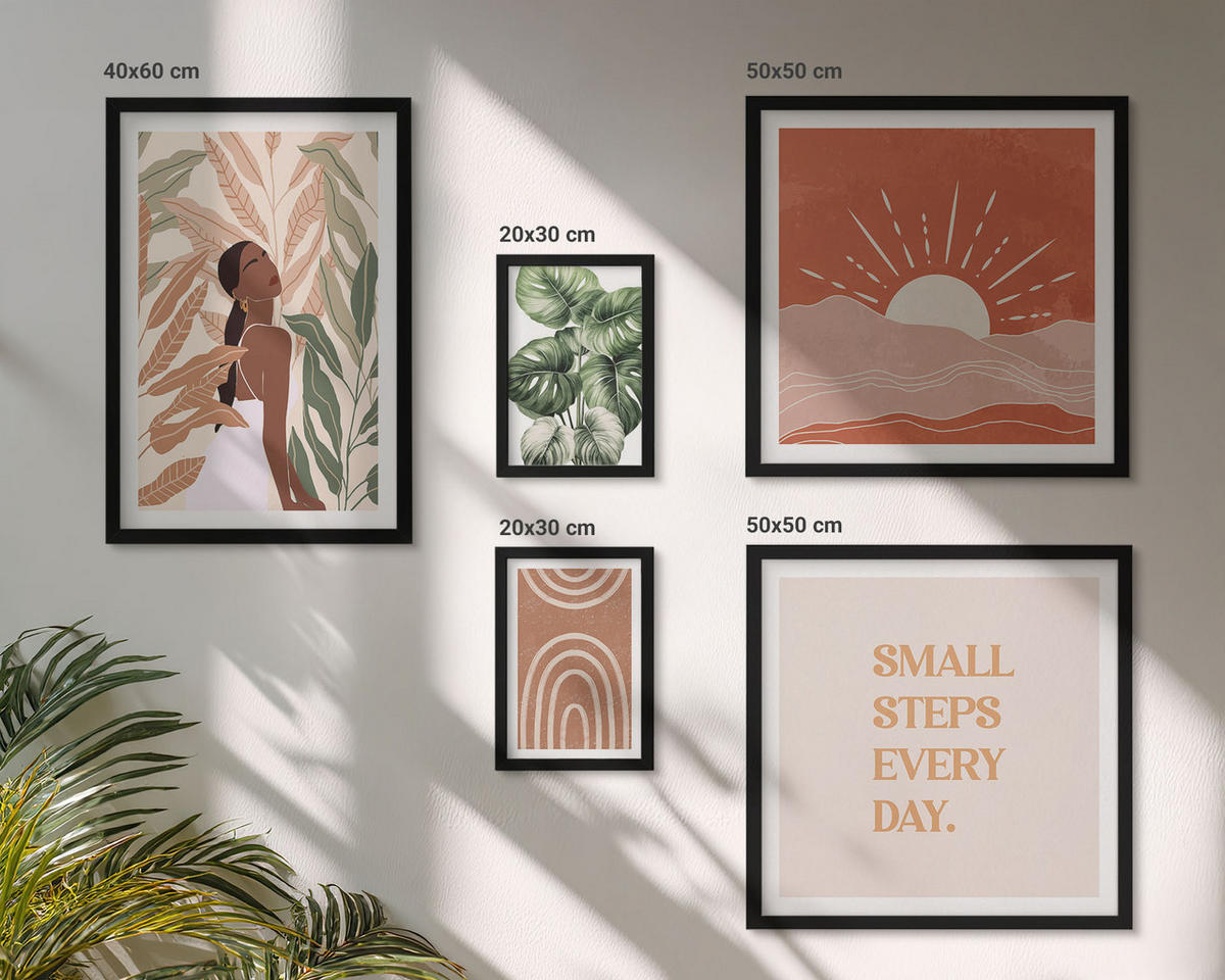 WANDBILDER 5er-Set - 50x50 cm & 20x30 cm & 40x60 cm Schwarzer Rahmen - abstrakte Formen im Boho-Stil - Schwarz, Kunststoff (40/60cm) - ArtPrintCave