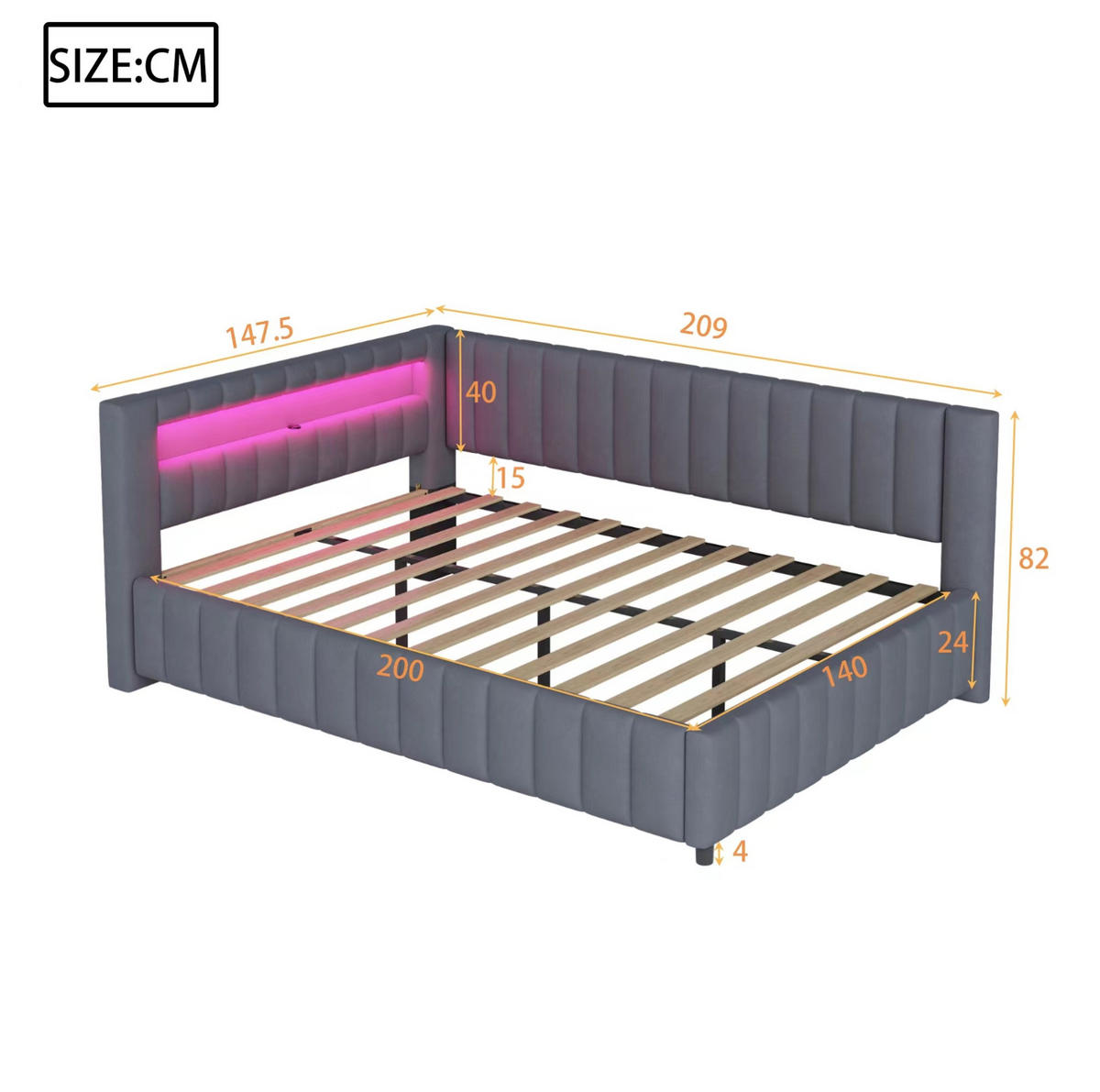 POLSTERBETT 140/200 cm grau aus Samtstoff mit LED-Licht und USB-Anschluss - Grau, Textil (140/200cm) - OKMYHOME