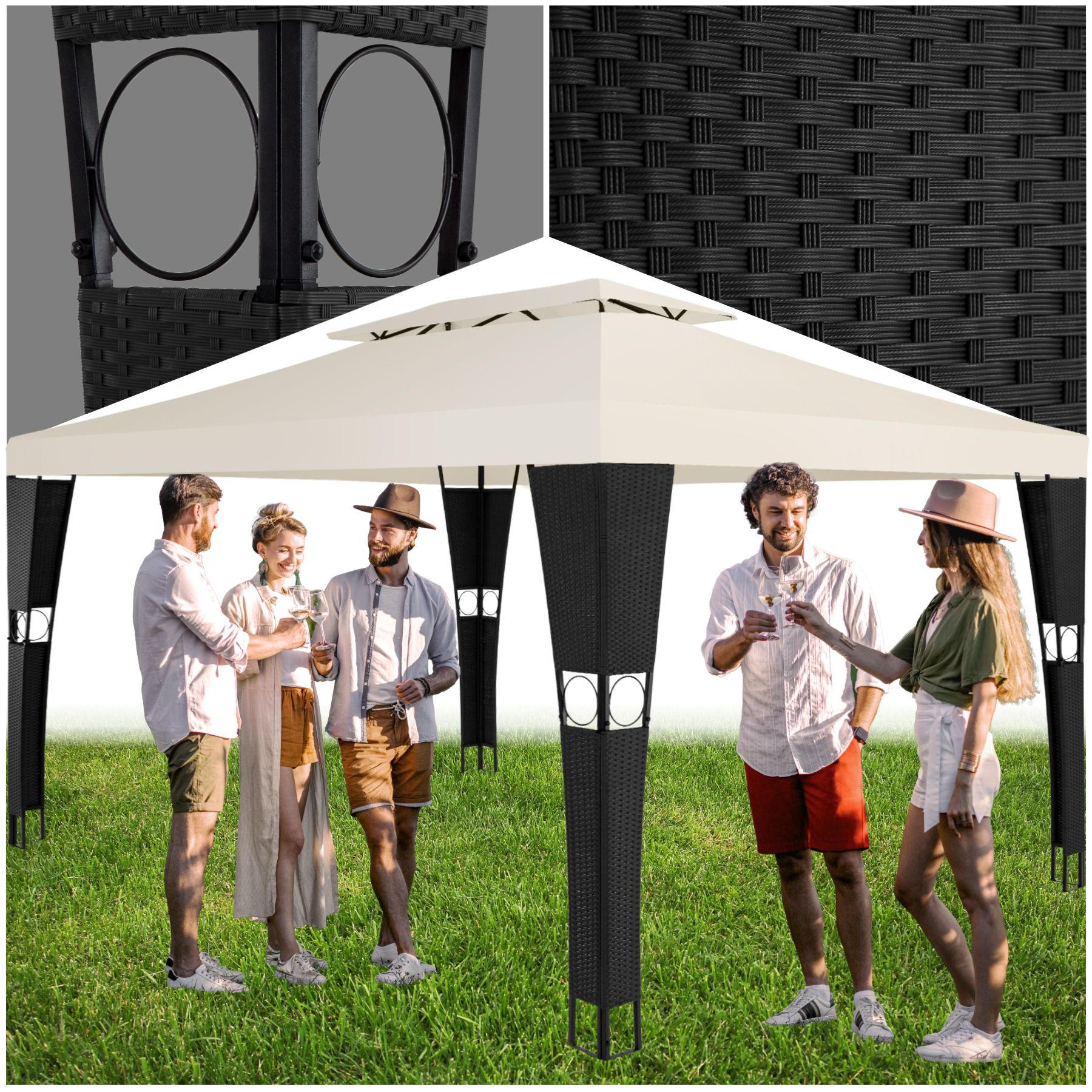 RATTAN GARTENPAVILLON Mona,inklusive Heringen,schwarz/creme - Creme/Schwarz, Kunststoff (300/265/400cm) - tectake