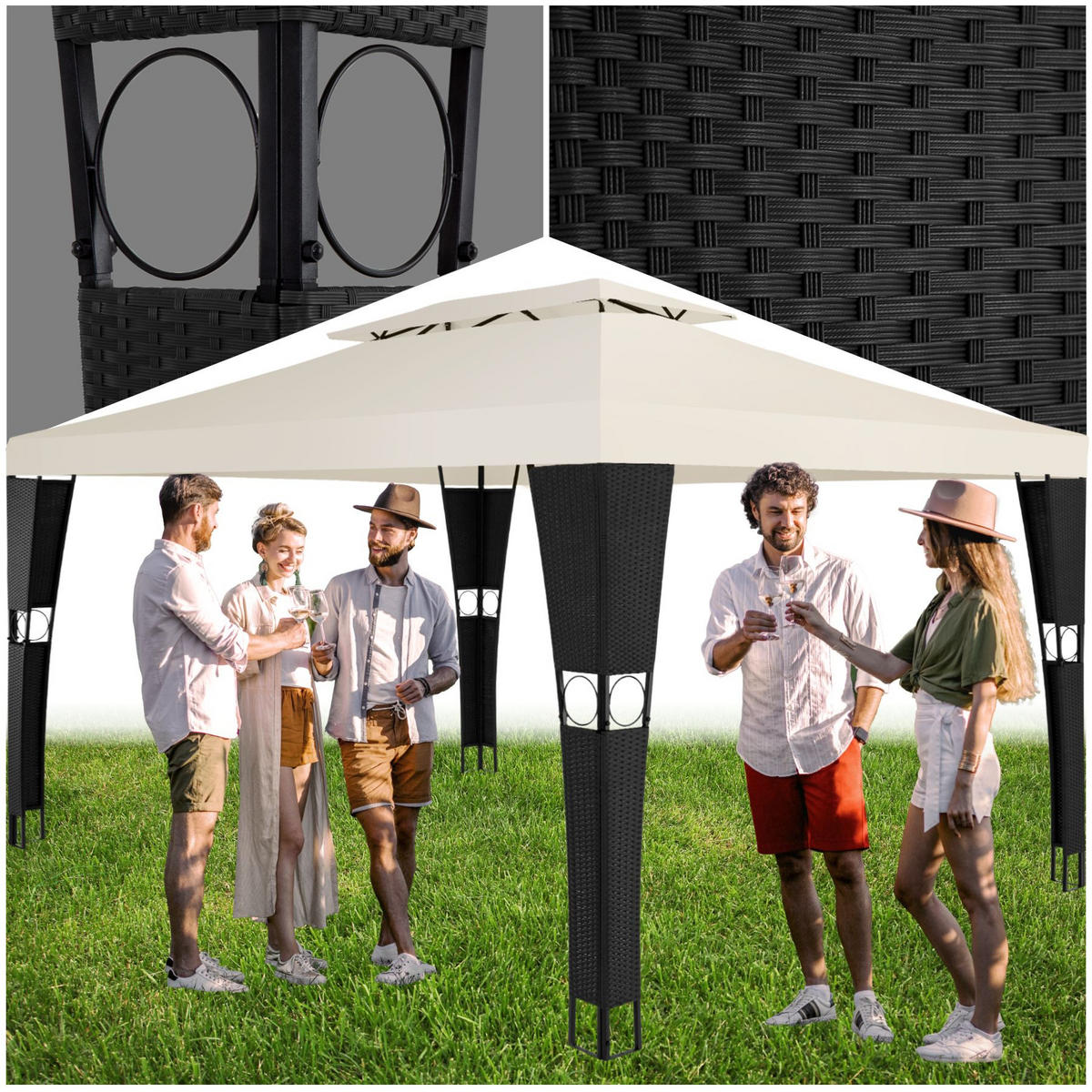 RATTAN GARTENPAVILLON Mona,inklusive Heringen,schwarz/creme - Creme/Schwarz, Kunststoff (300/265/400cm) - tectake