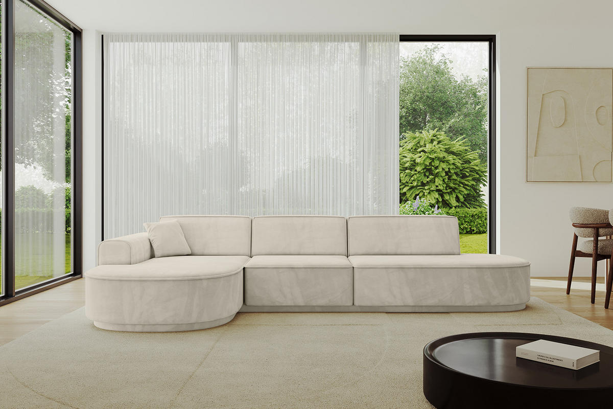 ECKSOFA Ottomane Links MARI-L2-v3 - 328x171x83 cm Ecru Velours - Ecru/Schwarz, Holzwerkstoff/Kunststoff (328/171cm) - ALTDECOR