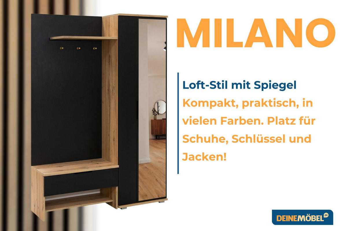 GARDEROBE MILANO 140/200 in Eiche Wotan / Schwarz - Eiche Wotan/Schwarz, Holzwerkstoff (140/200/40cm) - Deine Möbel 24