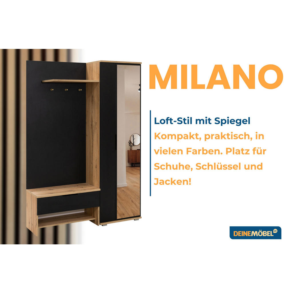 Thumbnail - Deine Möbel 24 Garderobe, Schwarz, Eiche Wotan, Holzwerkstoff, 140x200x40 cm, Garderobe, Garderoben-Sets & Serien, Garde...