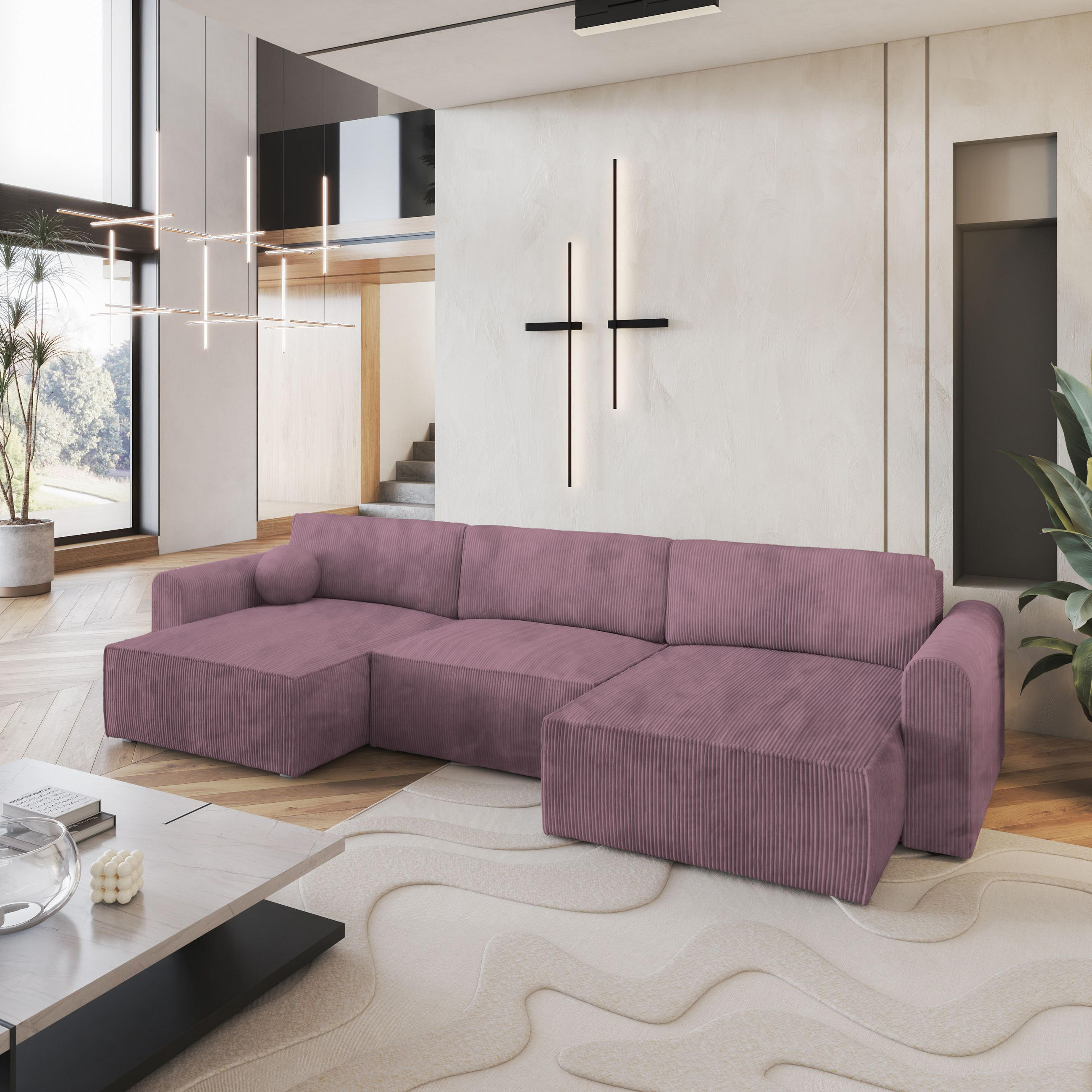 WOHNLANDSCHAFT FENTO P Lila Kordstoff mit Schlaffunktion - Lila, Holz (347/90/148cm) - MASSENO