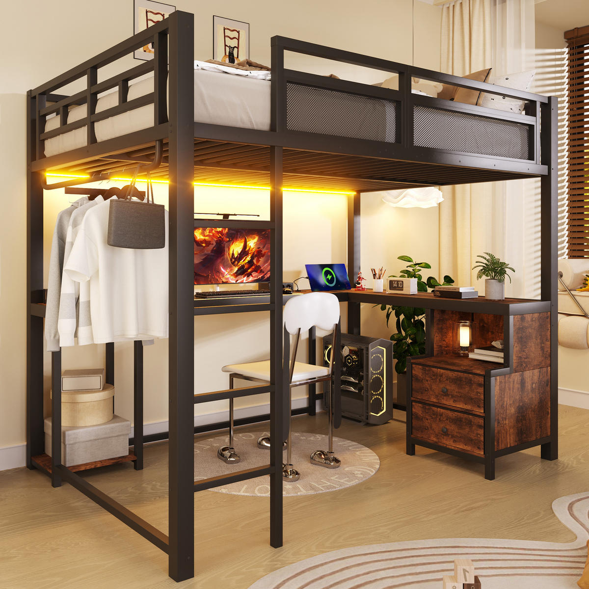 HOCHBETT 140/200 cm in Schwarz Metall und Holz mit LED, USB, Schreibtisch und Ablagefächern - Schwarz, Holzwerkstoff/Metall (140/200cm) - WISHDOR