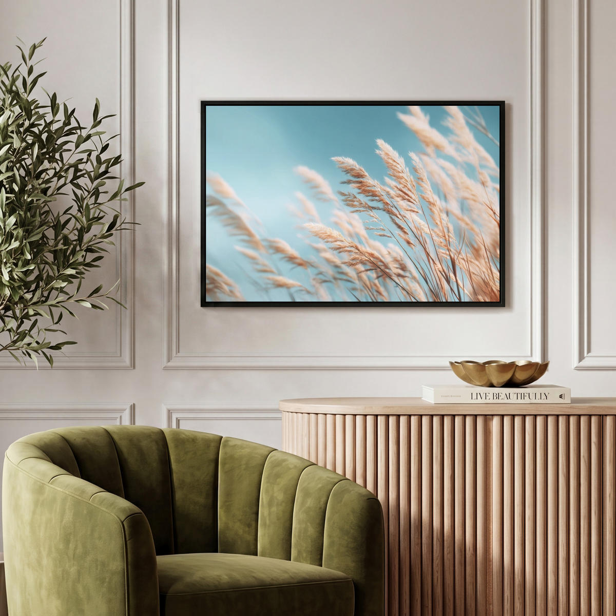 LEINWAND Bilder mit Rahmen - Ziergras - Wind - Hellbraun - 60x40 - Hellblau, Textil (60/40cm) - MuchoWow