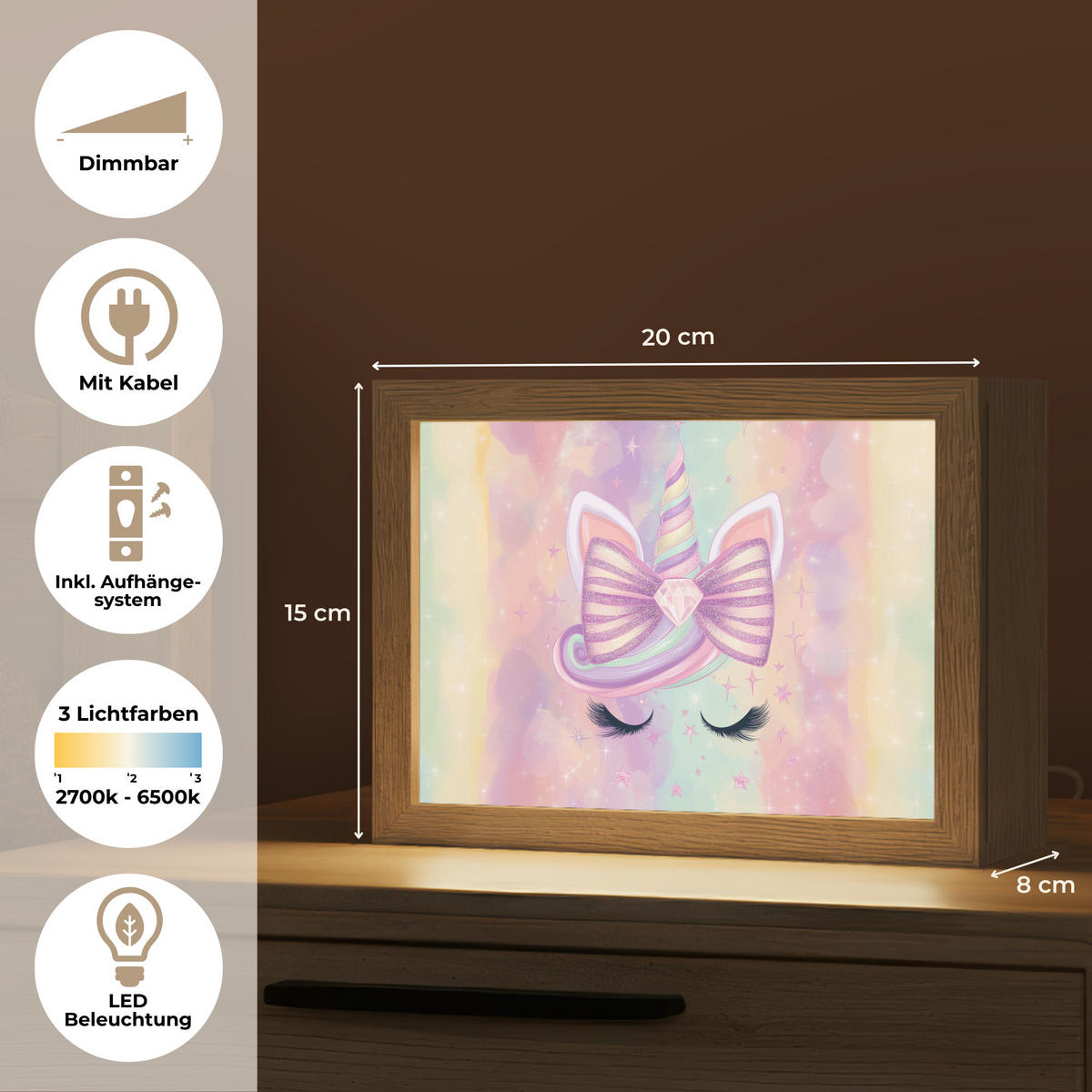 NACHTTISCHLAMPE Einhorn - Glitzer - Regenbogen - Pastell 20x15 cm - Hellrosa, Holzwerkstoff (8/20/15cm)