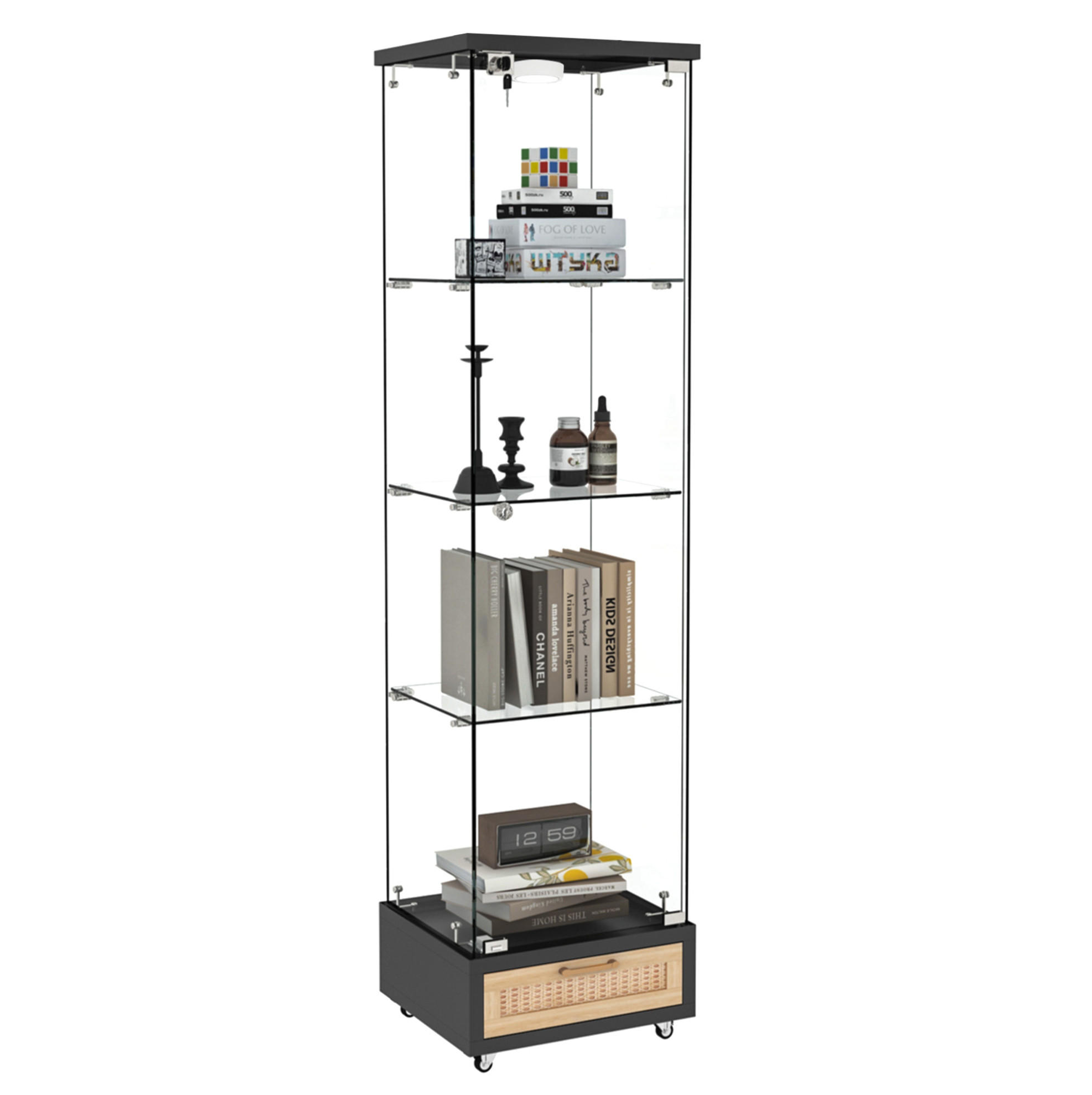 VITRINE 42,5/36,5/167 cm in Schwarz mit LED-Beleuchtung und Rollen - Schwarz, Holzwerkstoff (42.5/167/36.5cm) - Flora Grace