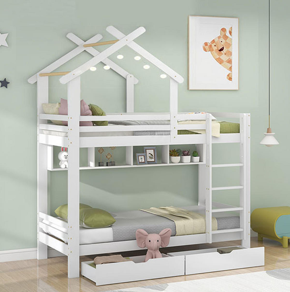 ETAGENBETT aus Kiefer und MDF 90x200 cm Weiß mit Schubladen, Regalen, Fallschutz und Leiter - Weiß, Holzwerkstoff (90/200cm) - Modfu