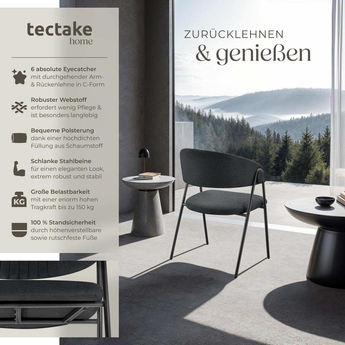 ARMLEHNENSTUHL 6er Set Bedano 60 x 58 x 85 cm schwarz - Schwarz, Kunststoff (60/85/58cm) - tectake