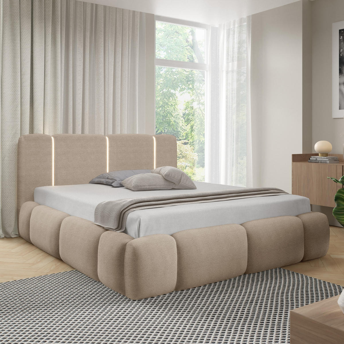 POLSTERBETT mit Stauraum und LED-Beleuchtung 200x200 cm in Sandbeige - Beige, Metall (200/200cm) - Home Collective